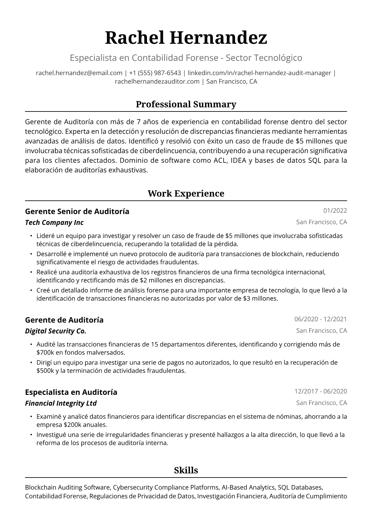 Ejemplo de Currículum de Gerenta de Auditoría