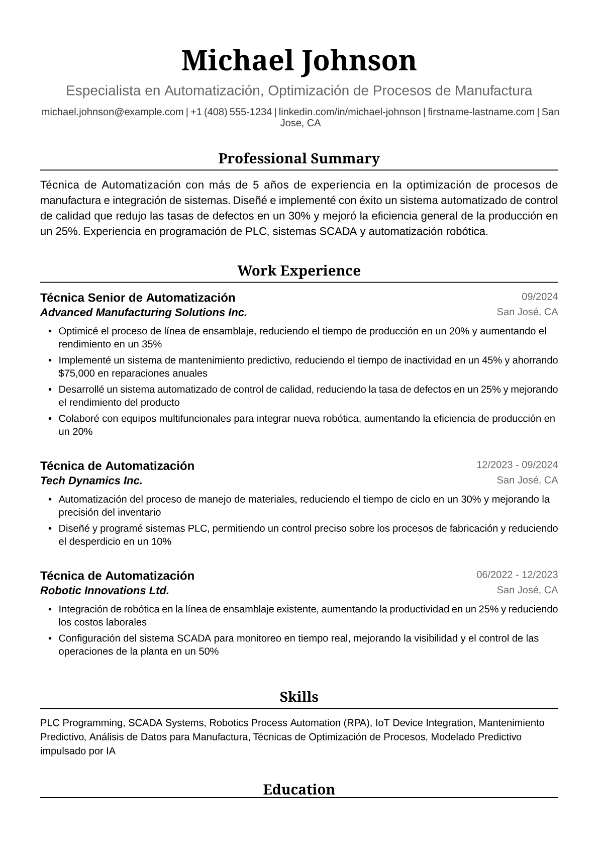 Ejemplo de Currículum para Técnica de Automatización