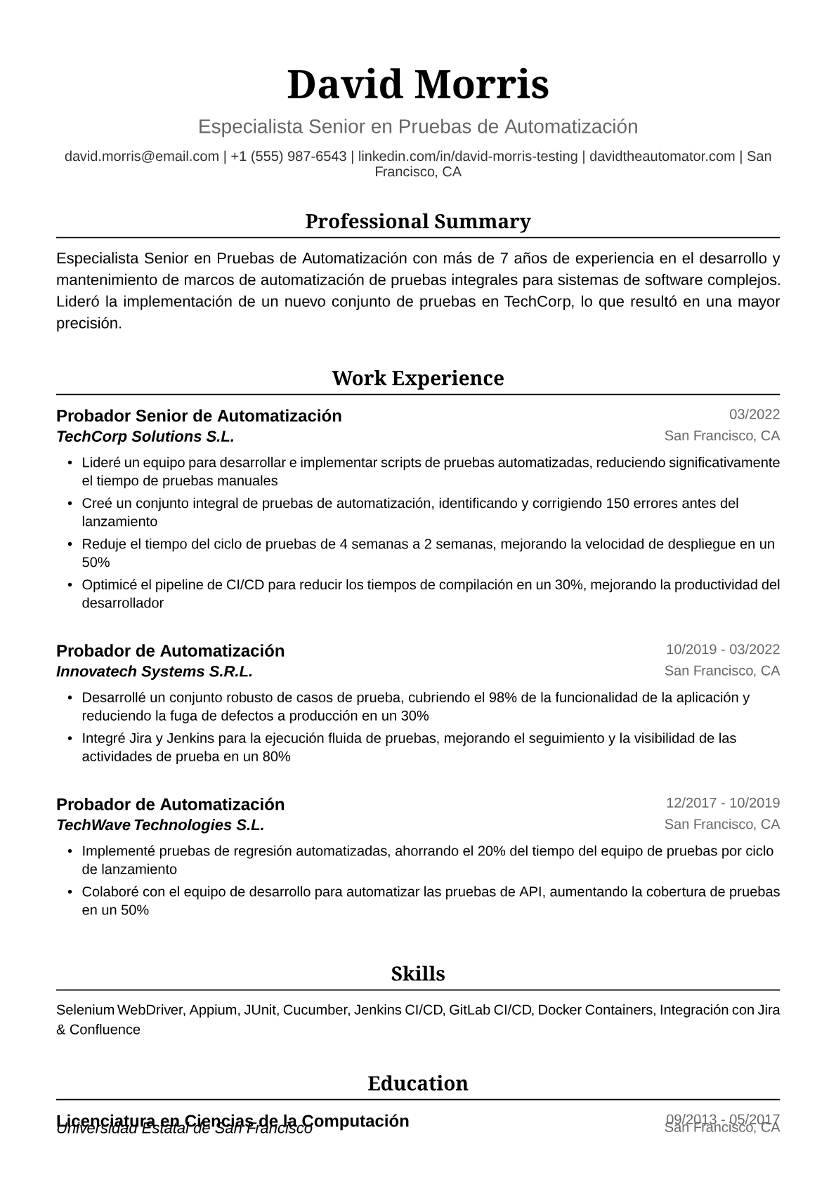 Ejemplo de Currículum de Probador de Automatización