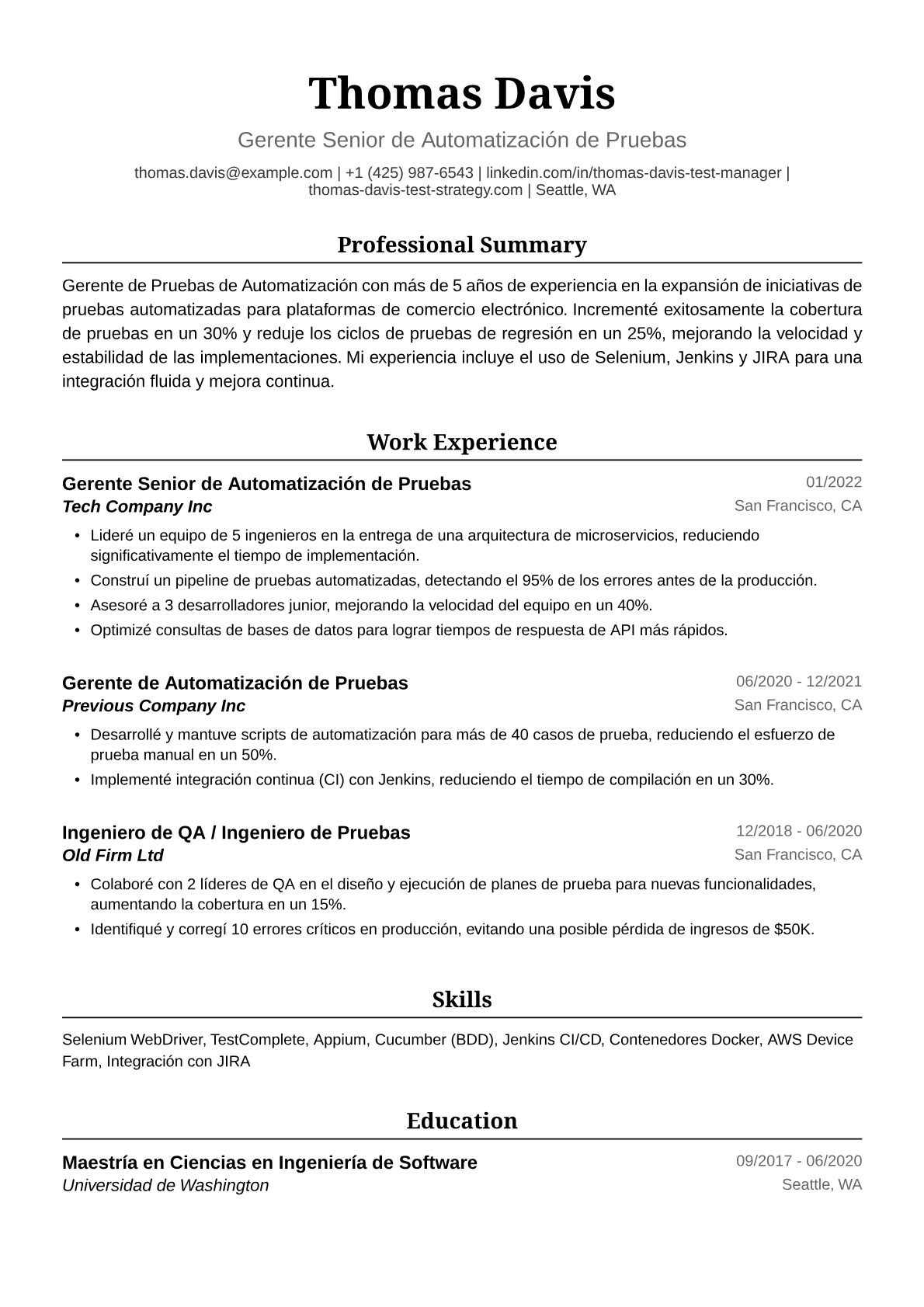Ejemplo de Currículum para Gerente de Pruebas de Automatización