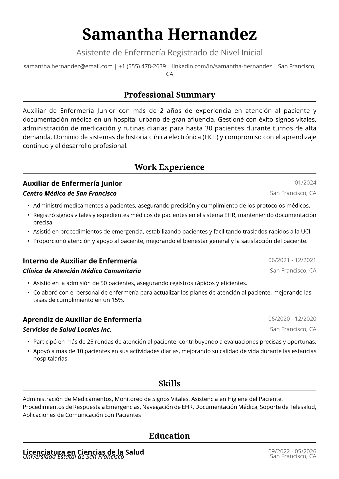 Ejemplo de Currículum de Auxiliar de Enfermería Junior