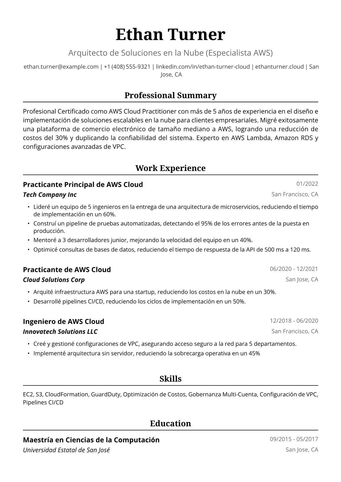 Ejemplo de Currículum de Practicante de AWS Cloud