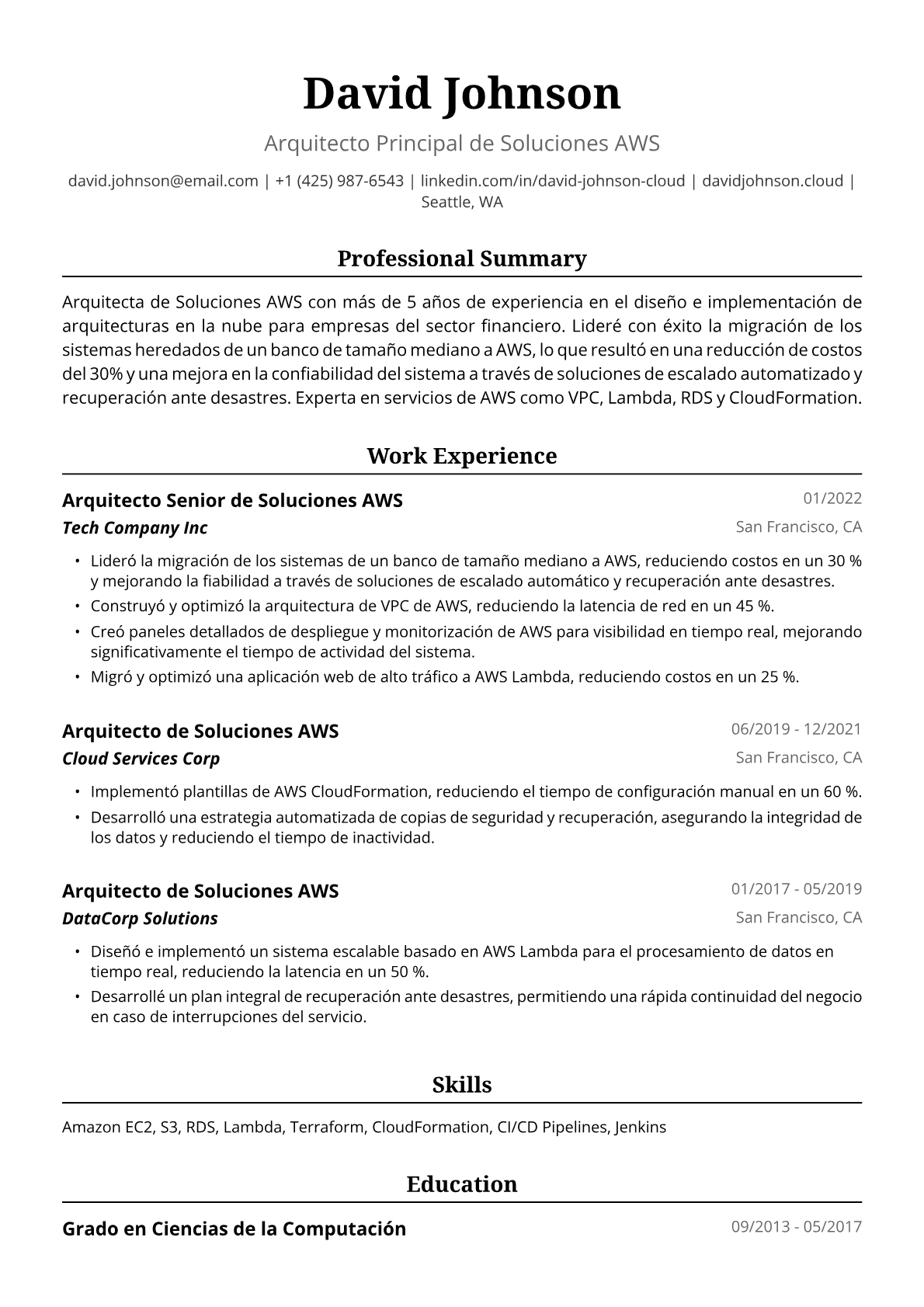 Ejemplo de Currículum de Arquitecta de Soluciones AWS