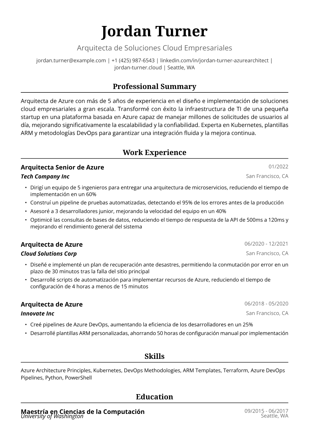Ejemplo de Currículum para Arquitecta de Azure