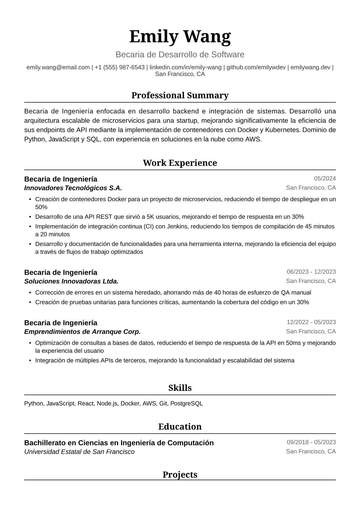 Ejemplo de Currículum de Becaria de Ingeniería