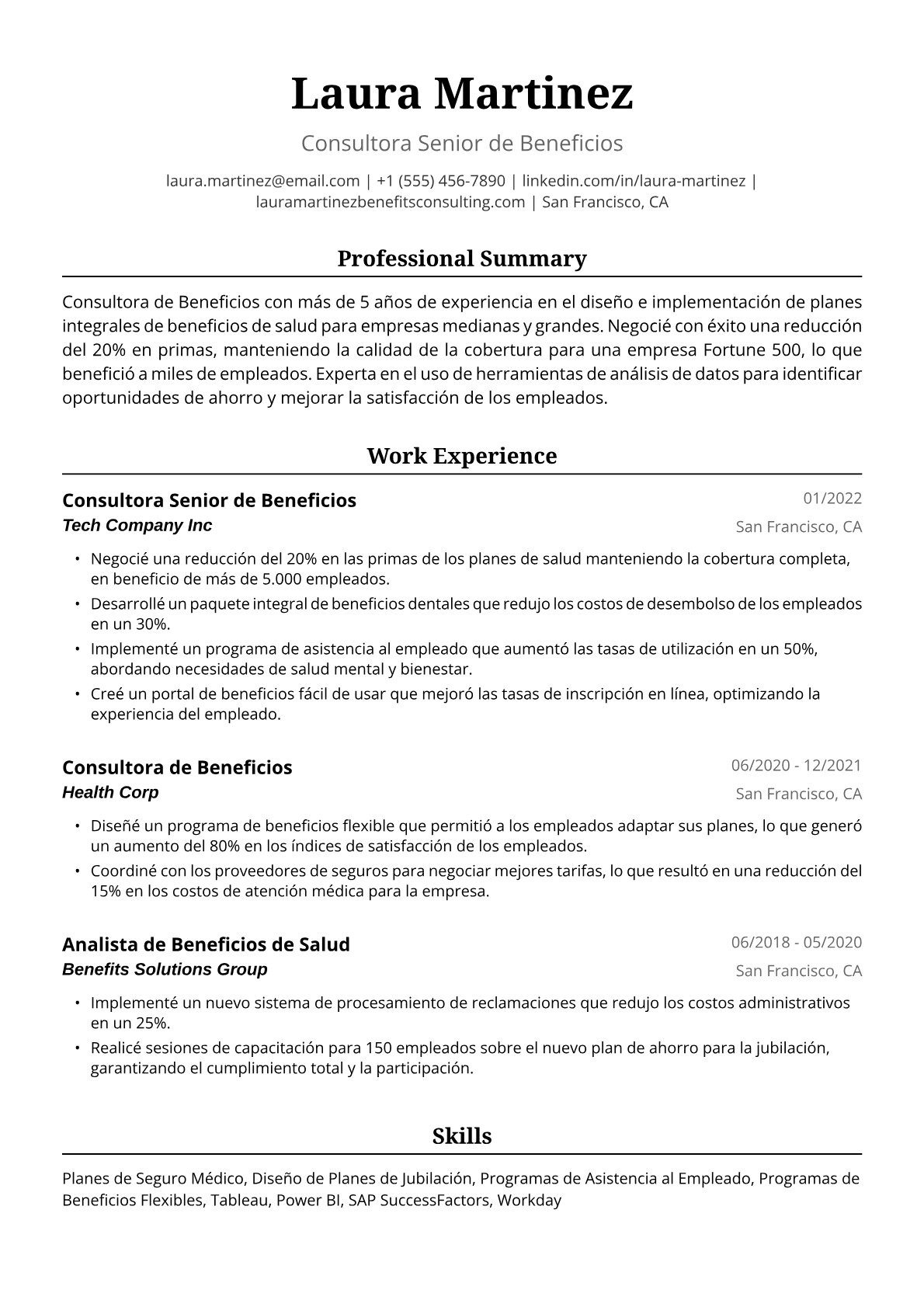 Ejemplo de Currículum Vitae de Consultora de Beneficios