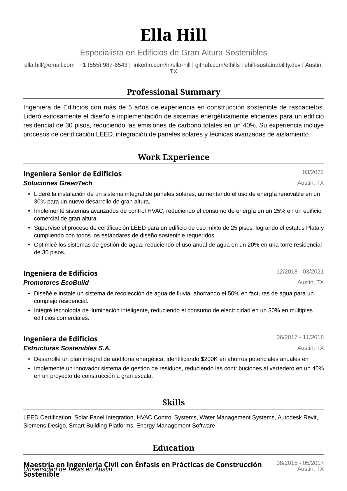 Ejemplo de Currículum de Ingeniera de Edificios