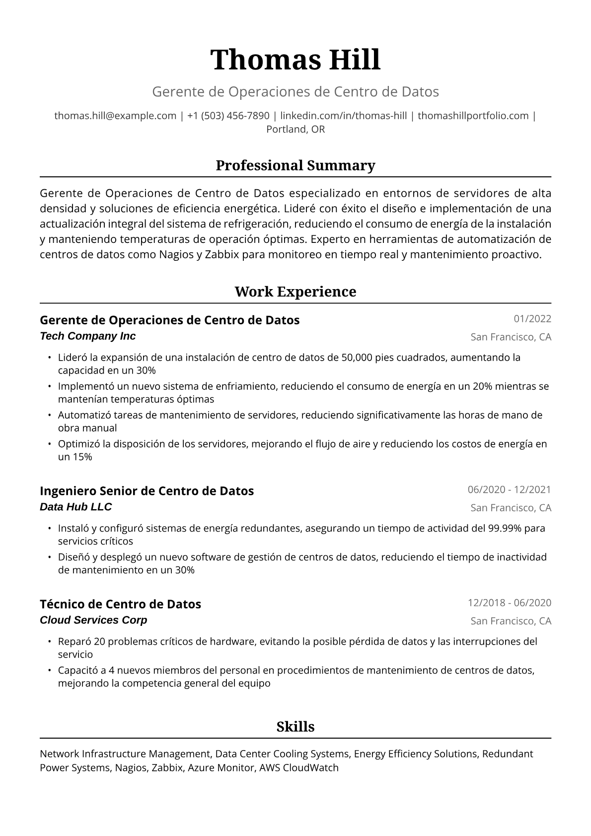 Ejemplo de Currículum para Centro de Datos