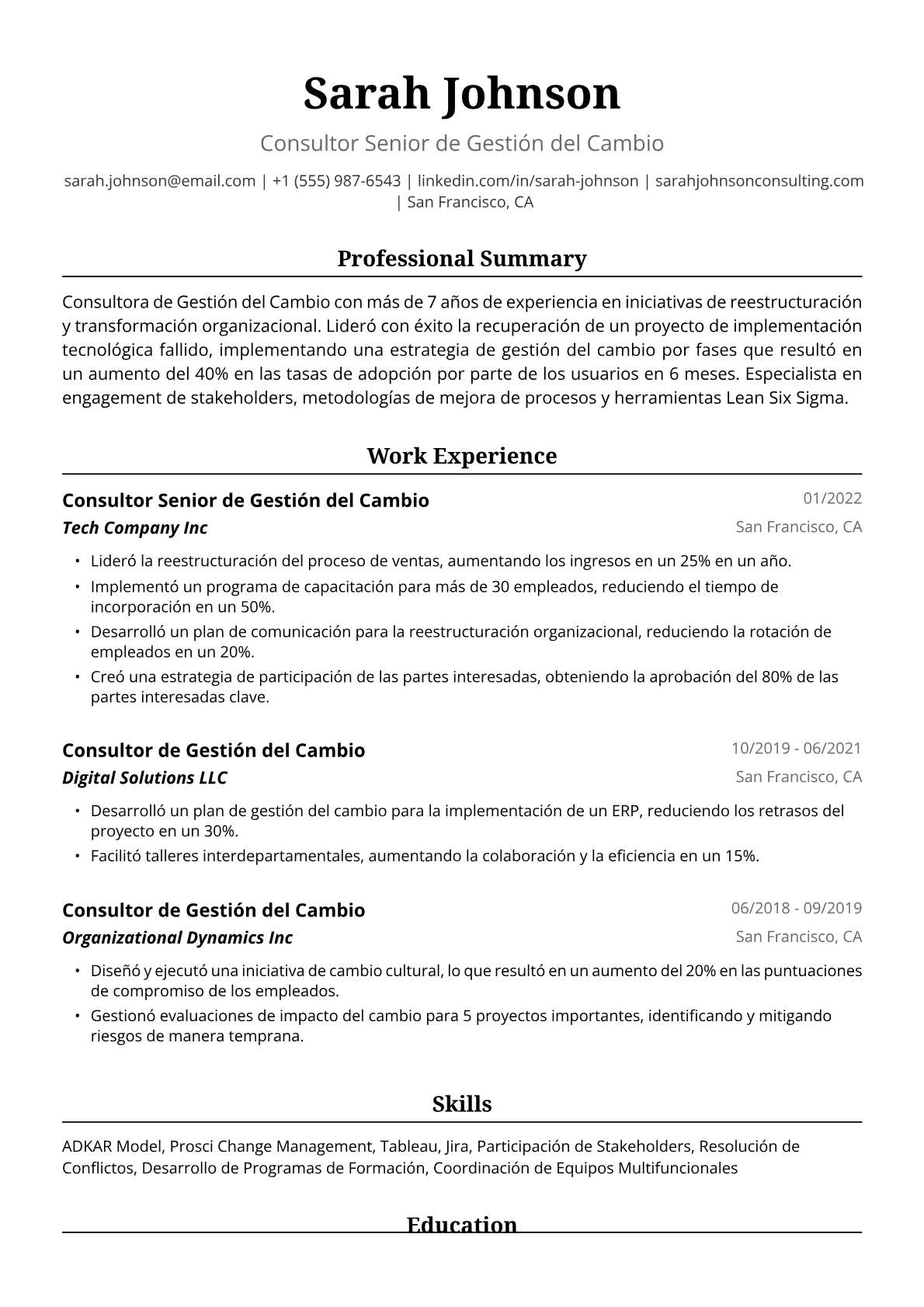 Ejemplo de Currículum Vitae de Consultora de Gestión del Cambio