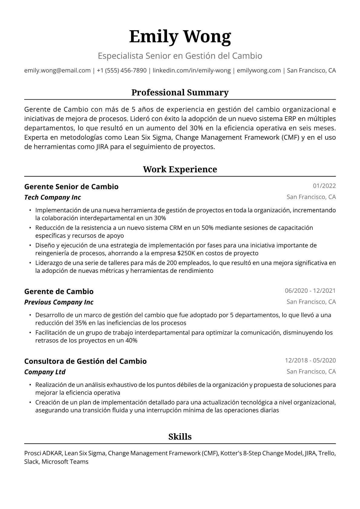 Ejemplo de Currículum de Gerenta de Cambio
