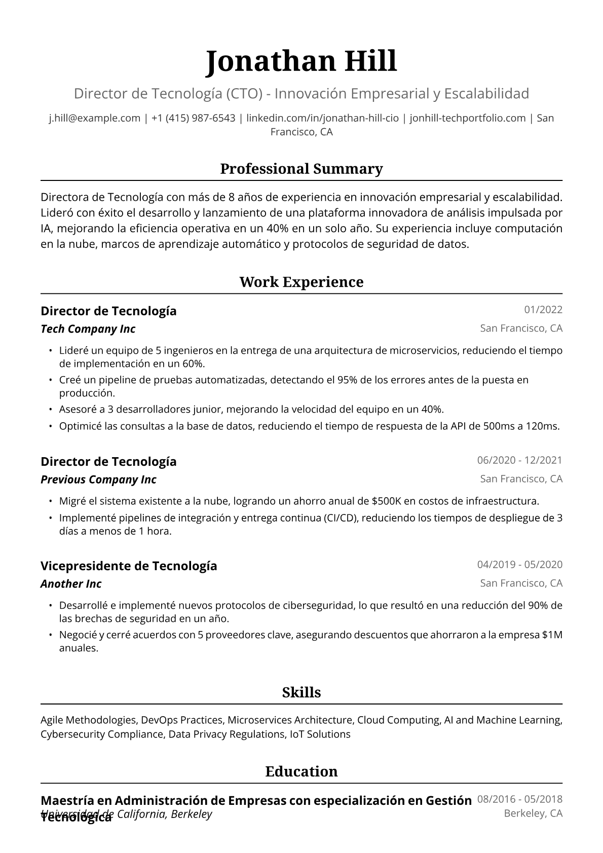Ejemplo de Currículum de Directora de Tecnología