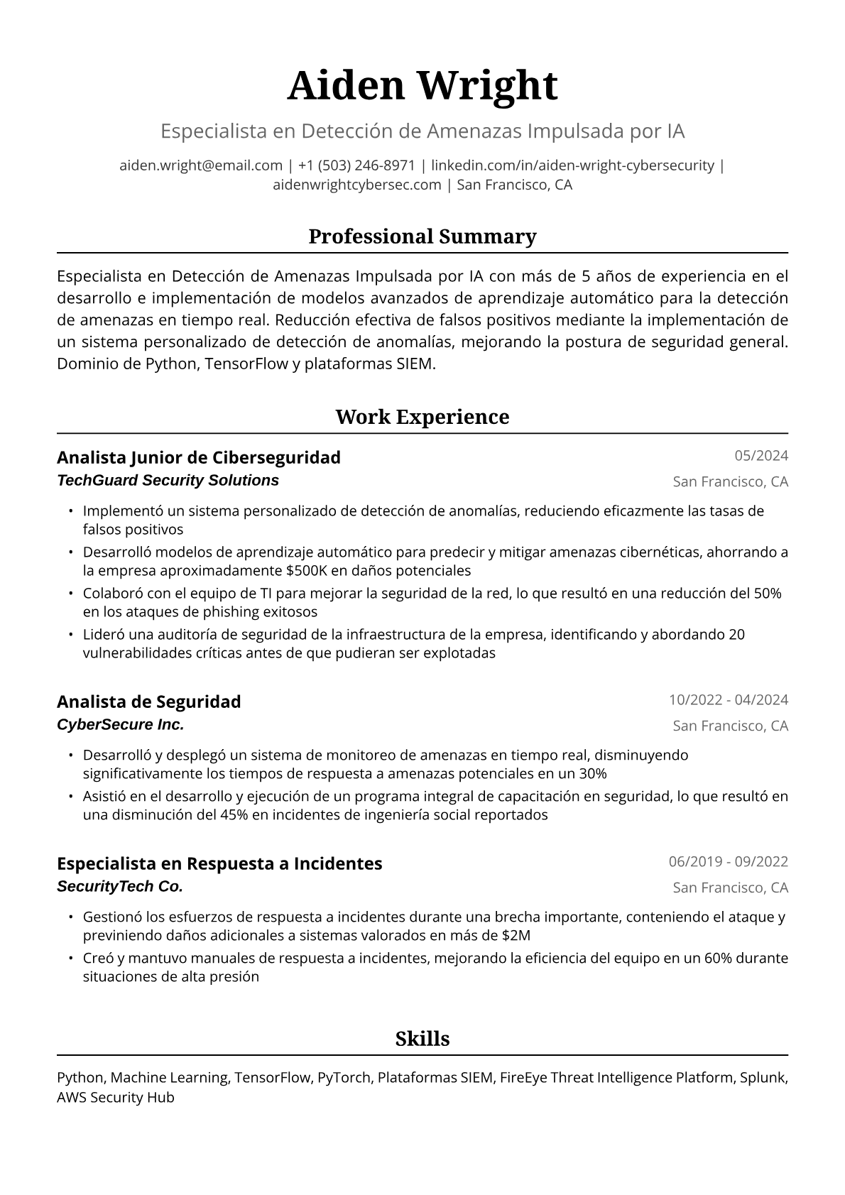Ejemplo de Currículum de Ciberseguridad