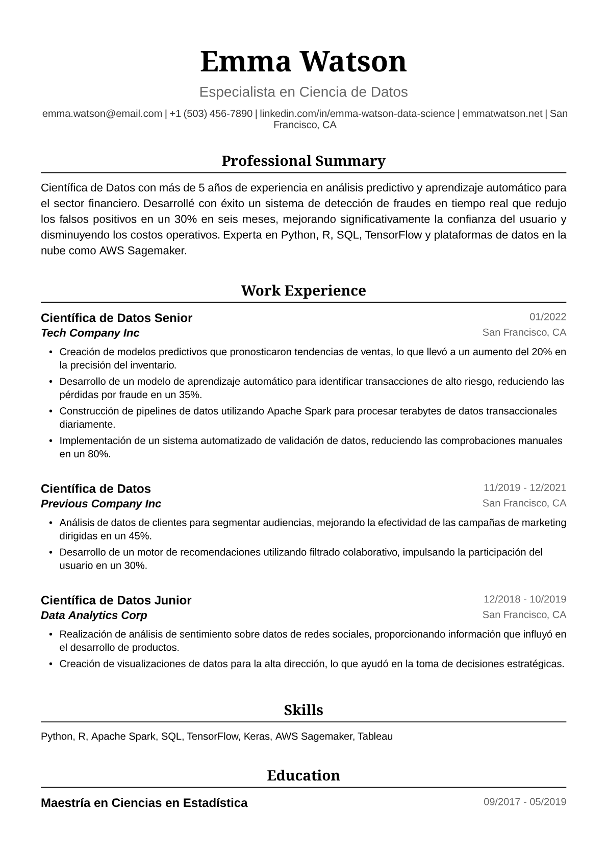Ejemplo de Currículum de Científica de Datos