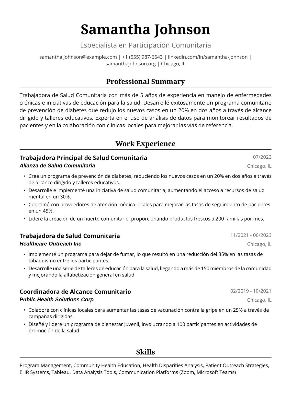 Ejemplo de Currículum de Trabajadora de Salud Comunitaria
