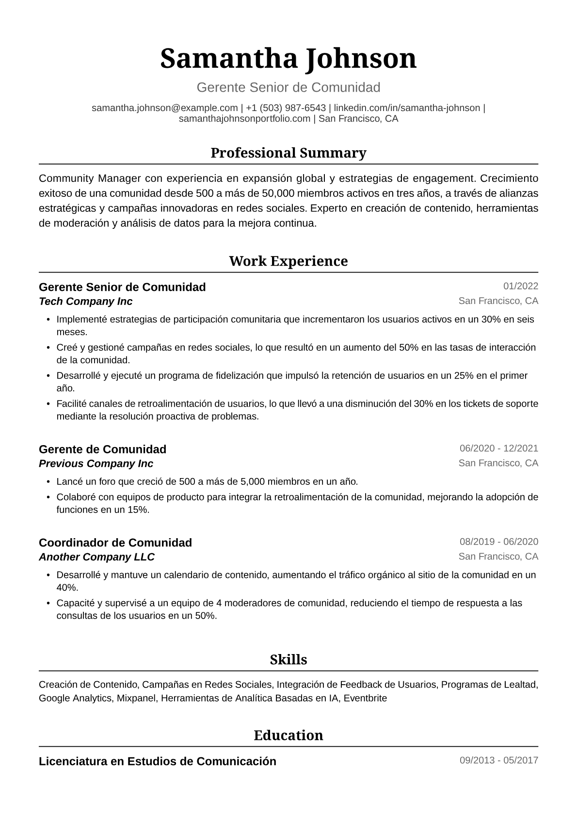 Ejemplo de Currículum de Community Manager