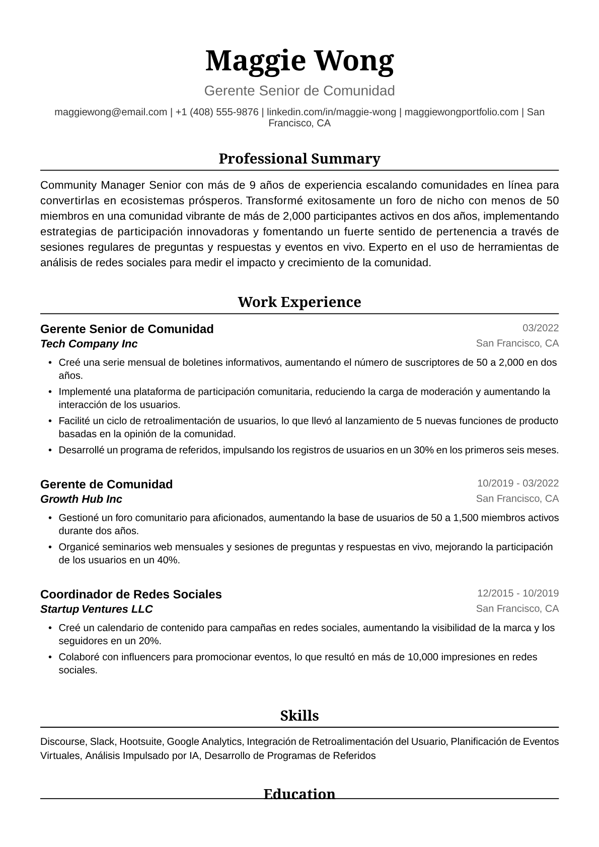 Ejemplo de Currículum de Community Manager