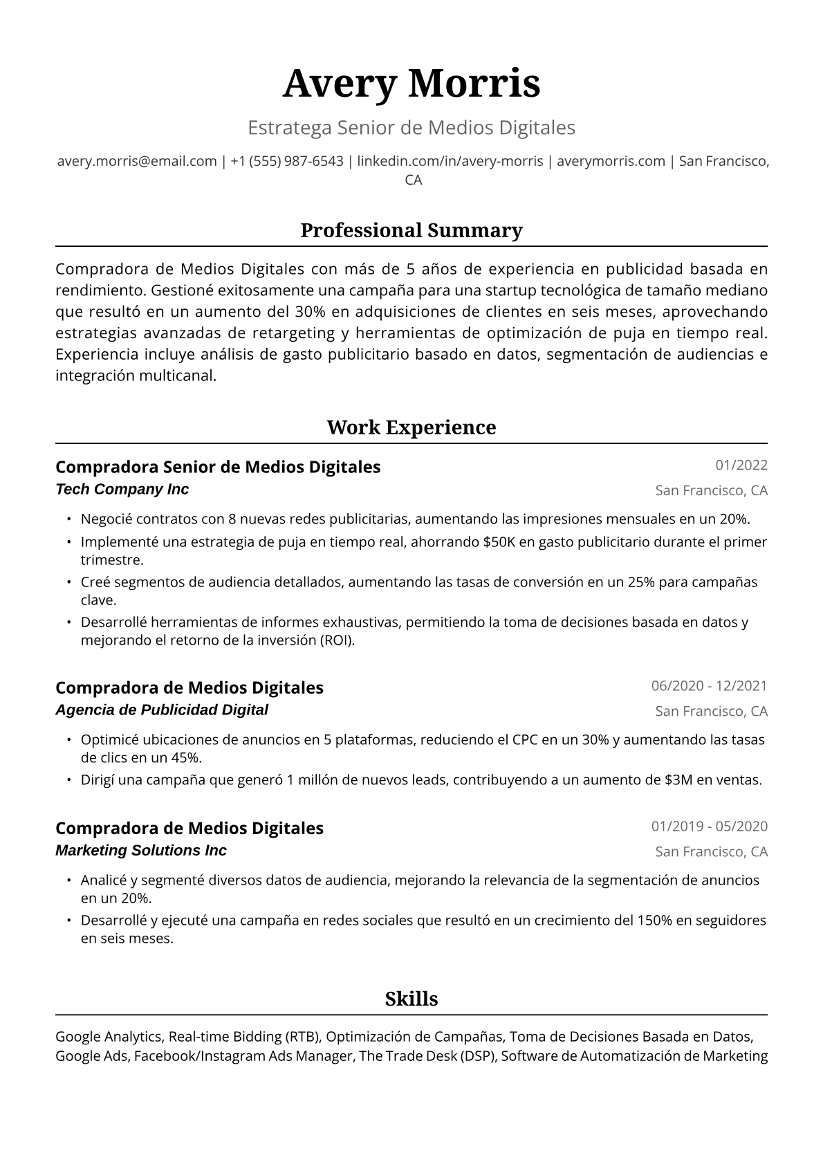 Ejemplo de Currículum de Compradora de Medios Digitales