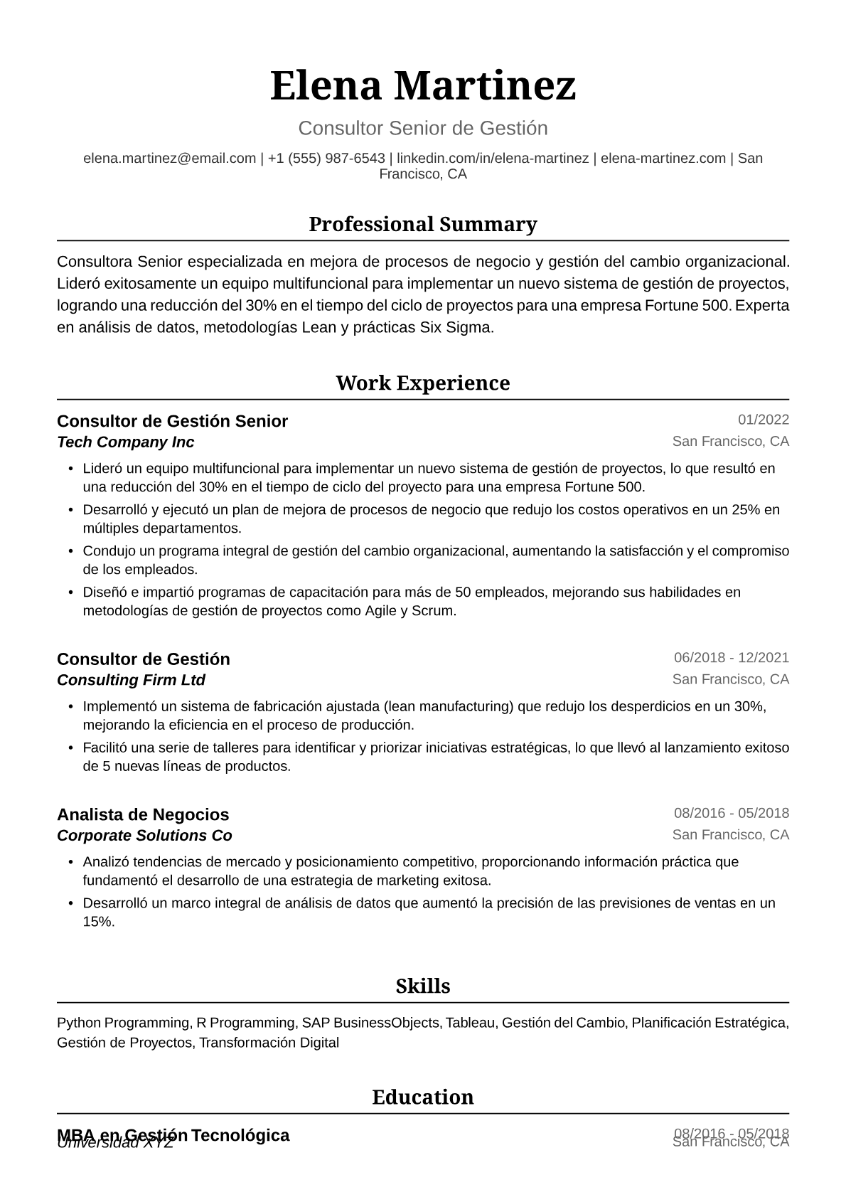Ejemplo de Currículum de Consultora