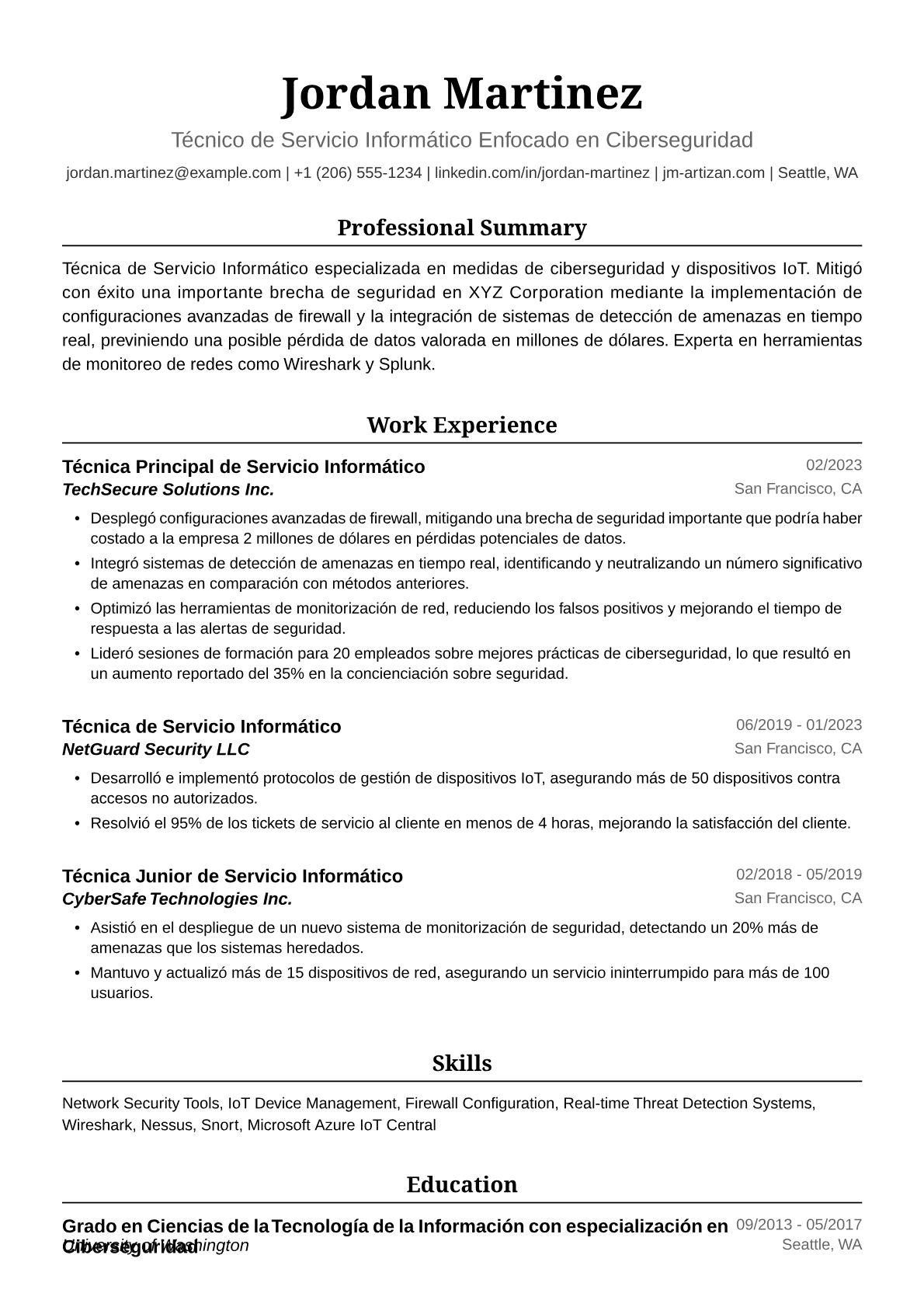 Ejemplo de Currículum para Técnica de Servicio Informático