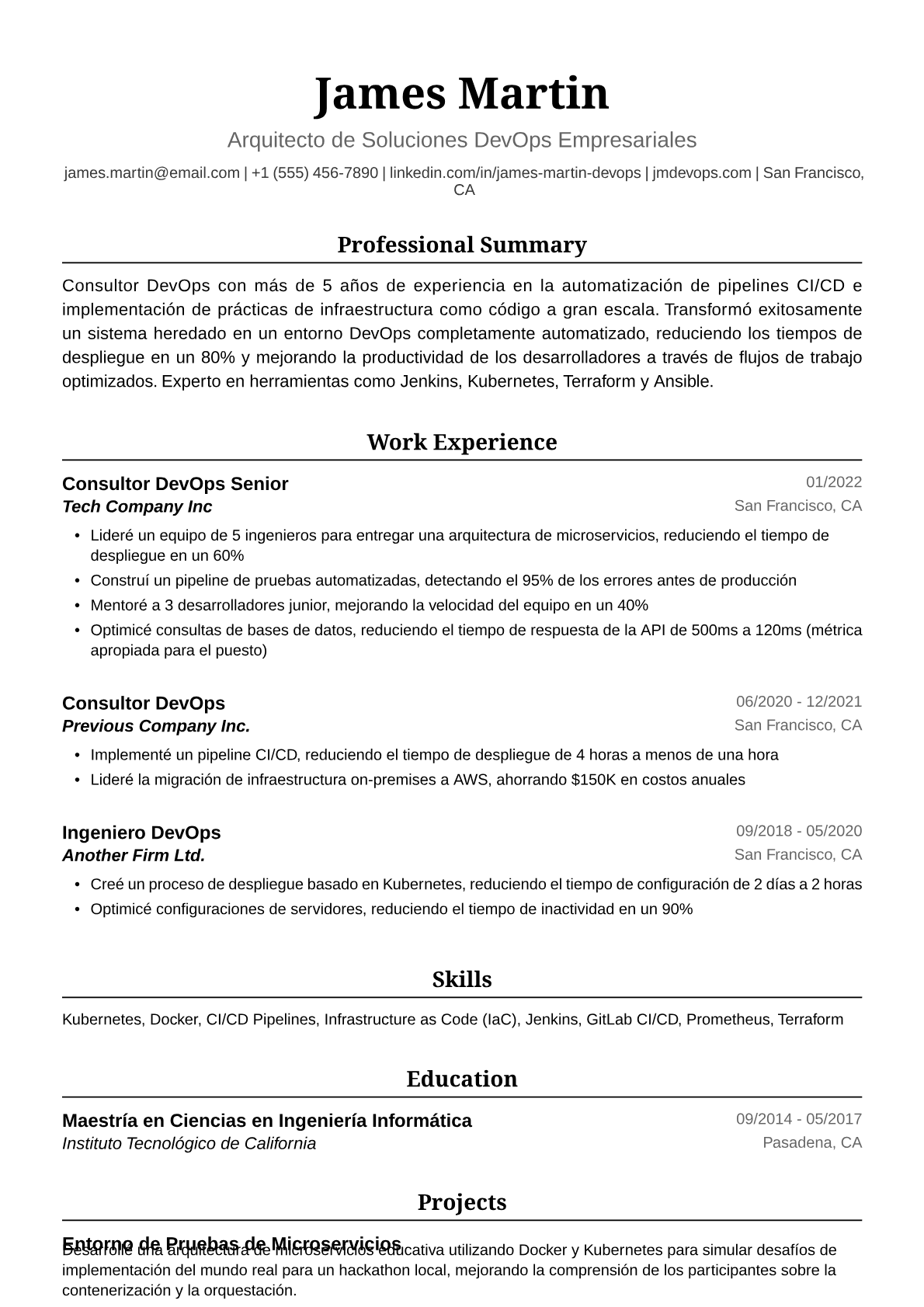 Ejemplo de Currículum de Consultor DevOps