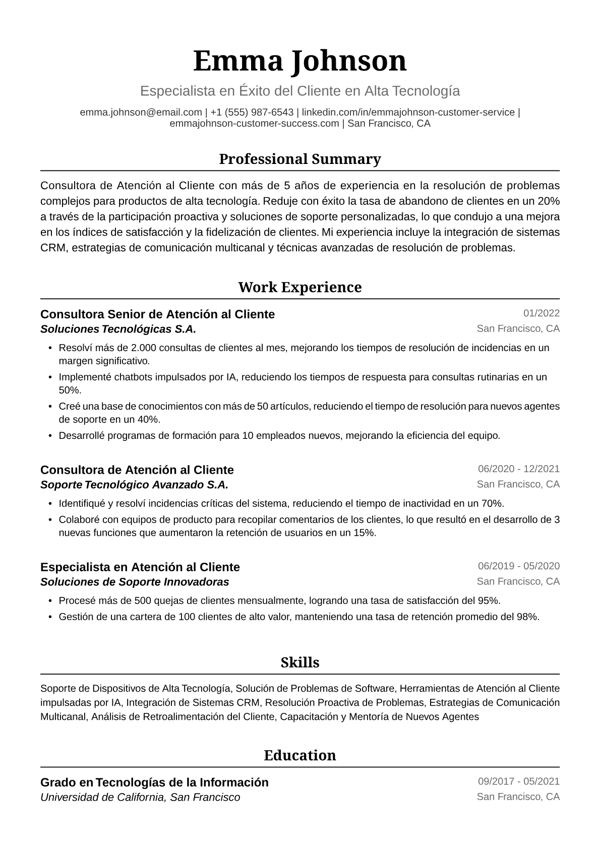 Ejemplo de Currículum de Consultora de Atención al Cliente
