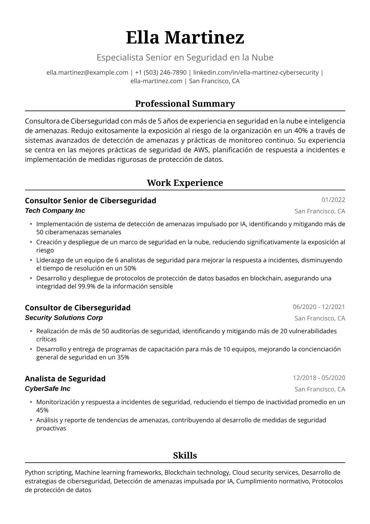 Ejemplo de Currículum de Consultora de Ciberseguridad