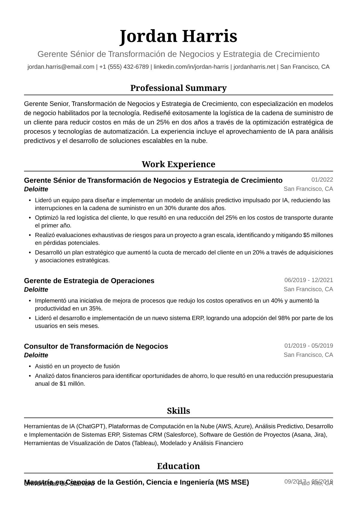 Ejemplo de Currículum para Consultora en Deloitte