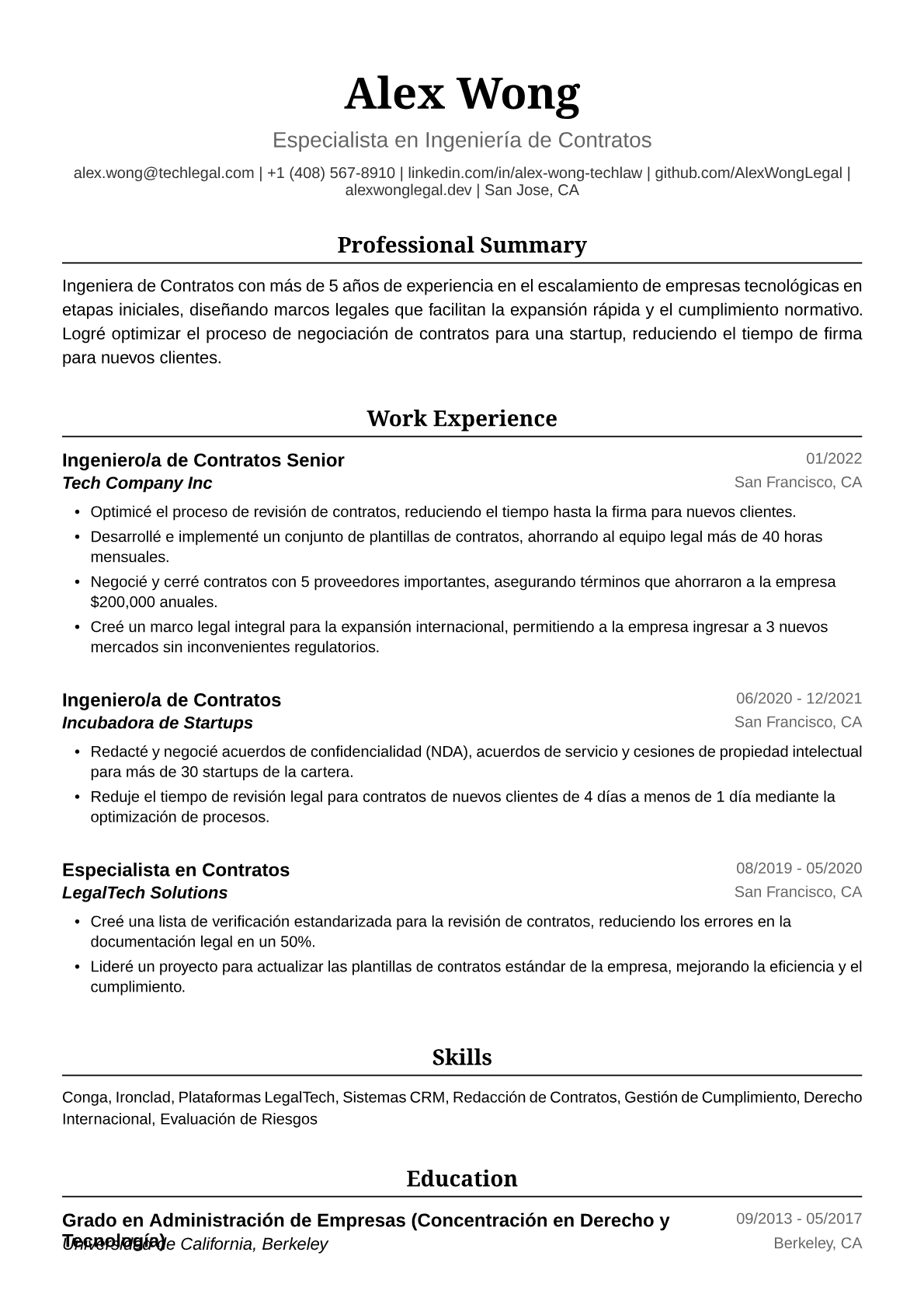 Ejemplo de Currículum de Ingeniera de Contratos