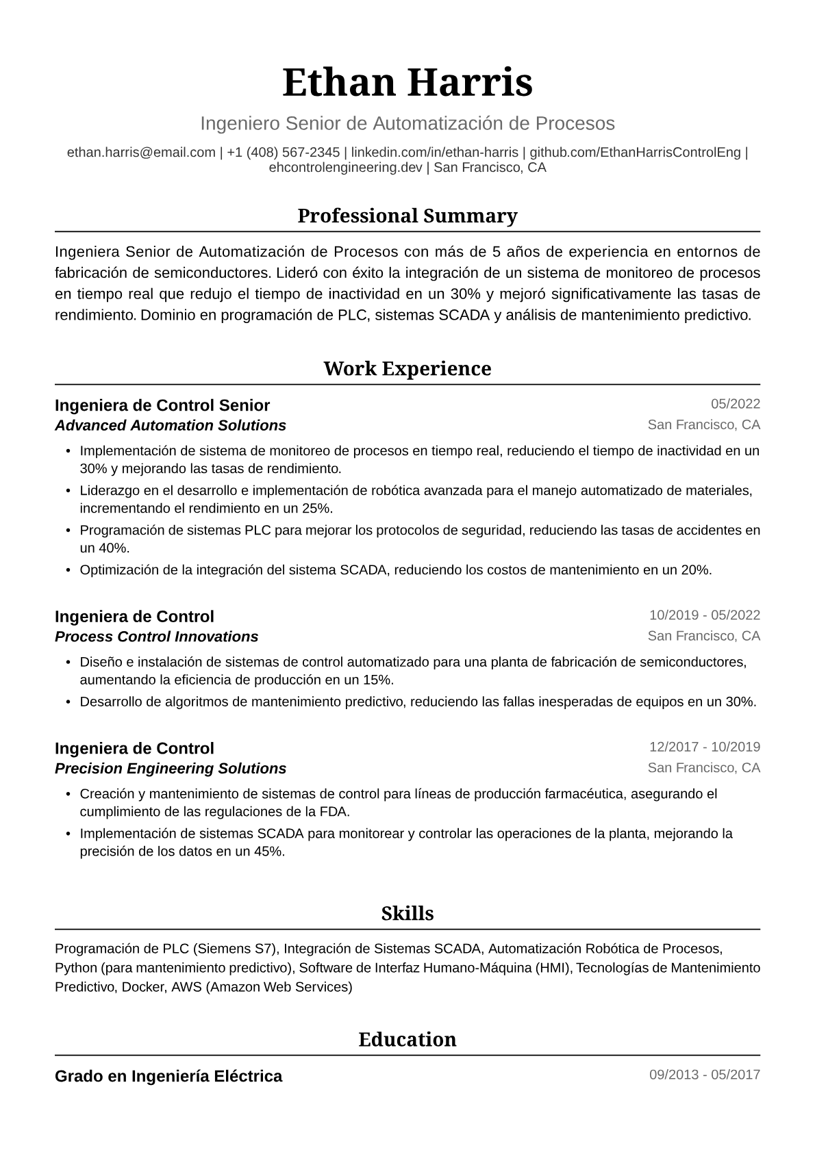 Ejemplo de Currículum para Ingeniera de Control