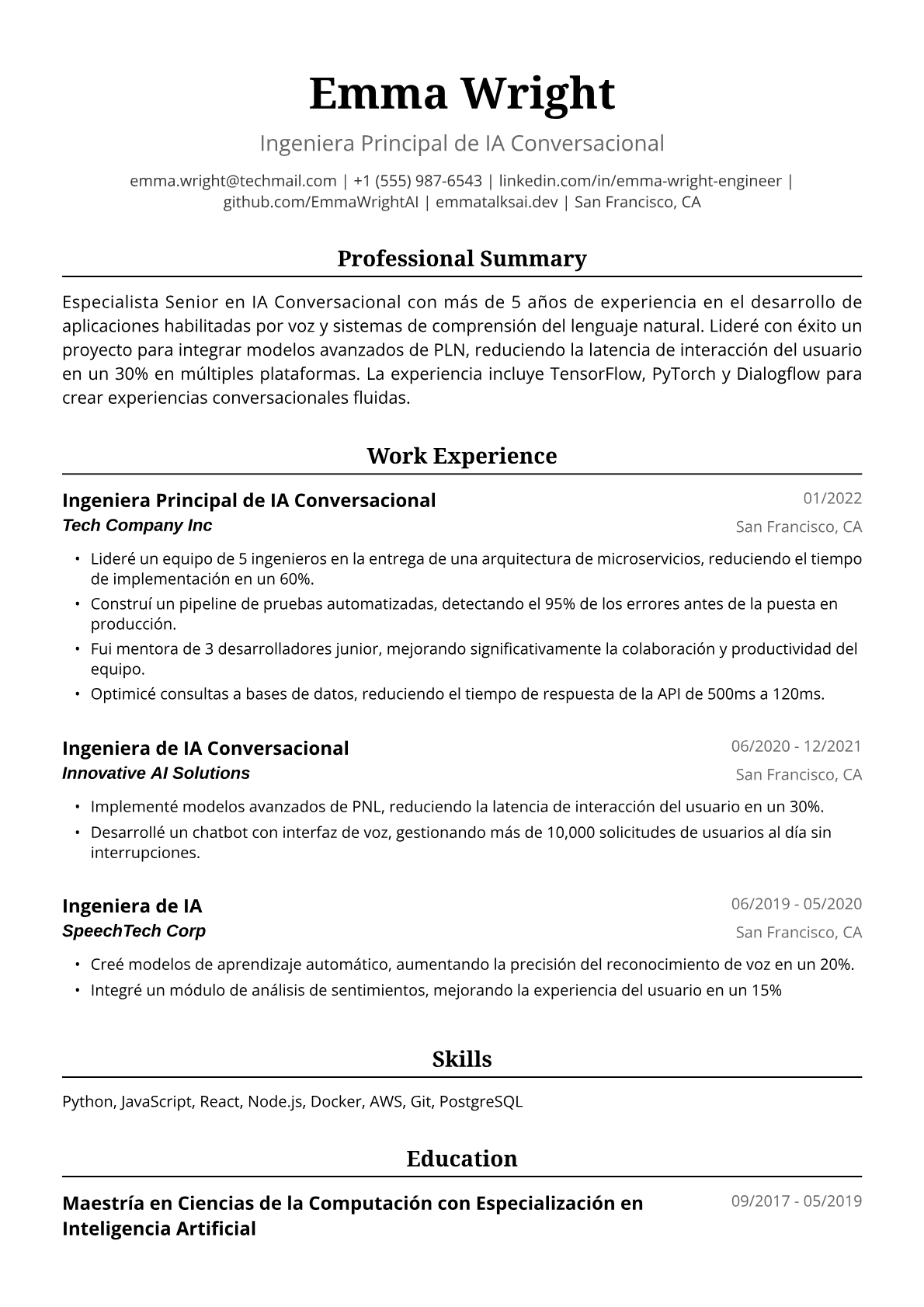 Ejemplo de Currículum para Ingeniera de IA Conversacional