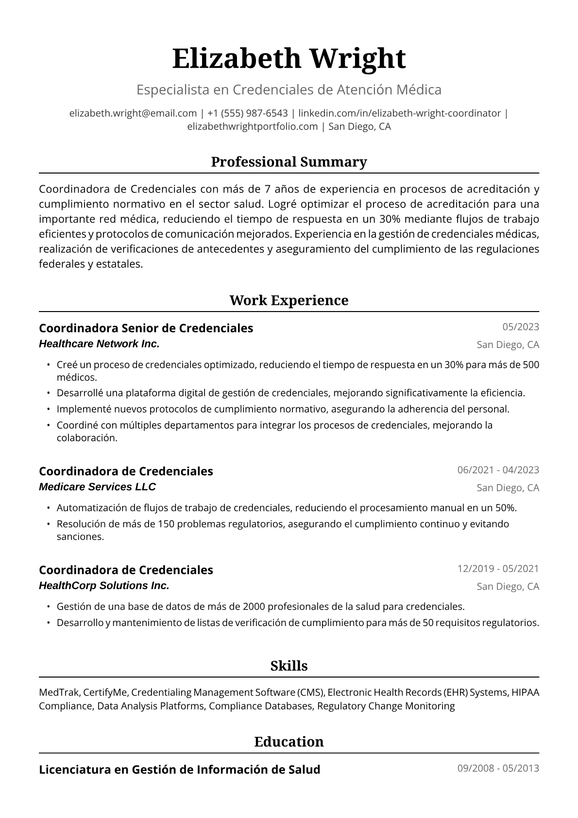 Ejemplo de Currículum de Coordinadora de Credenciales