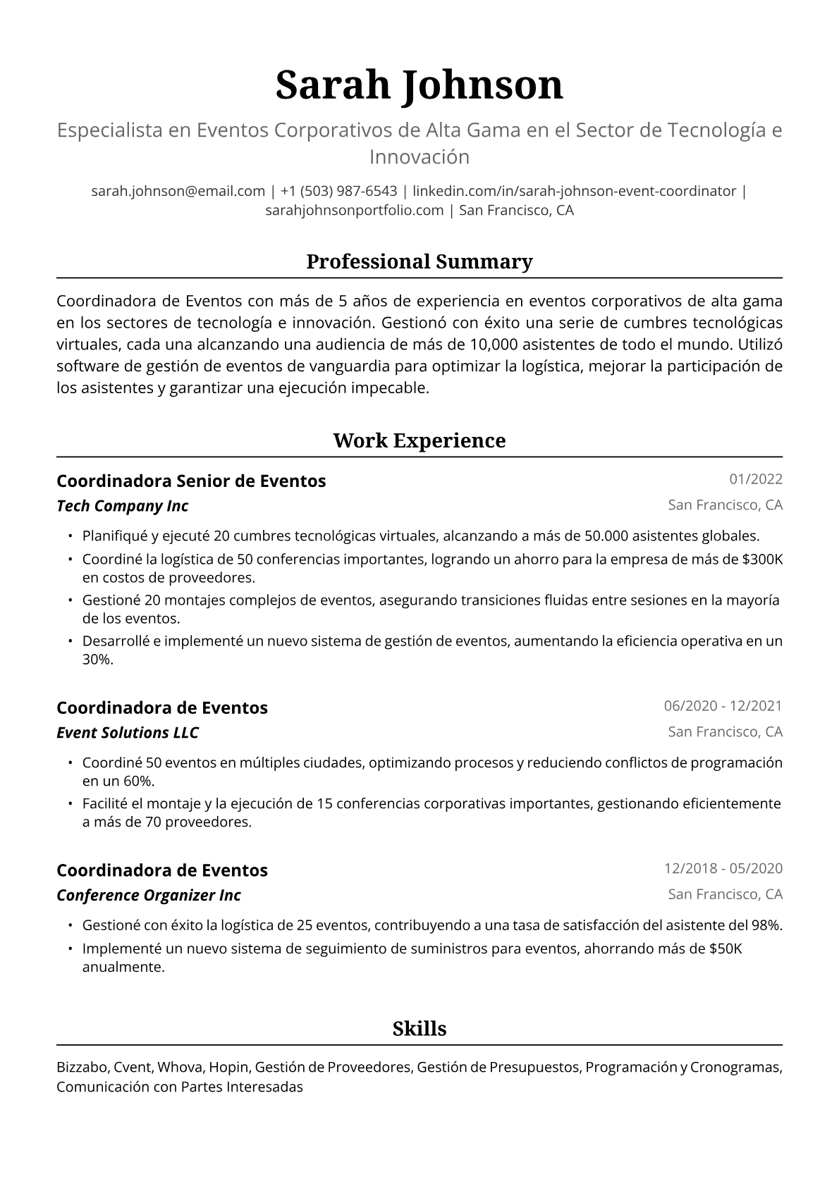 Ejemplo de Currículum de Coordinadora de Eventos