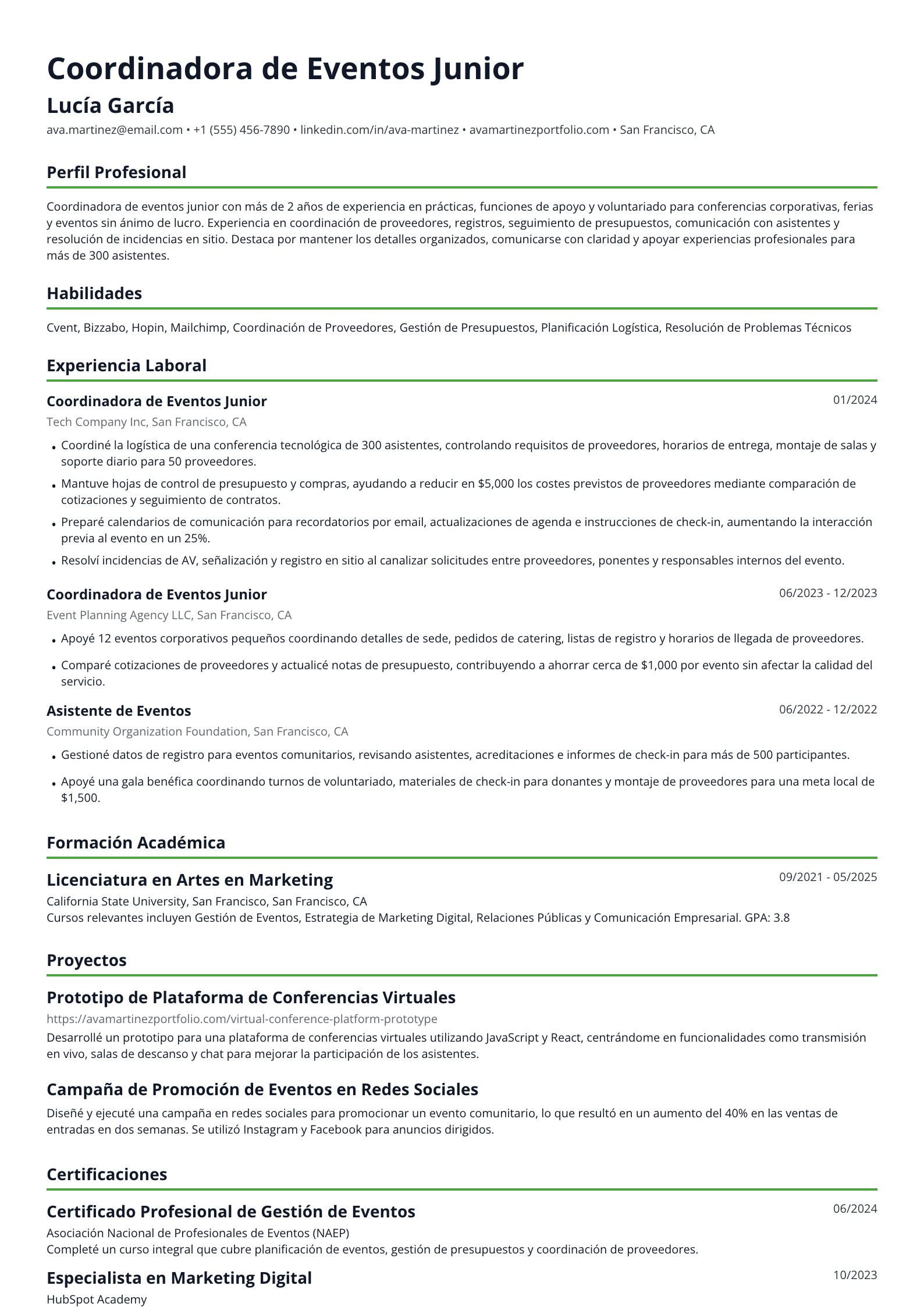 Coordinadora de Eventos Junior
