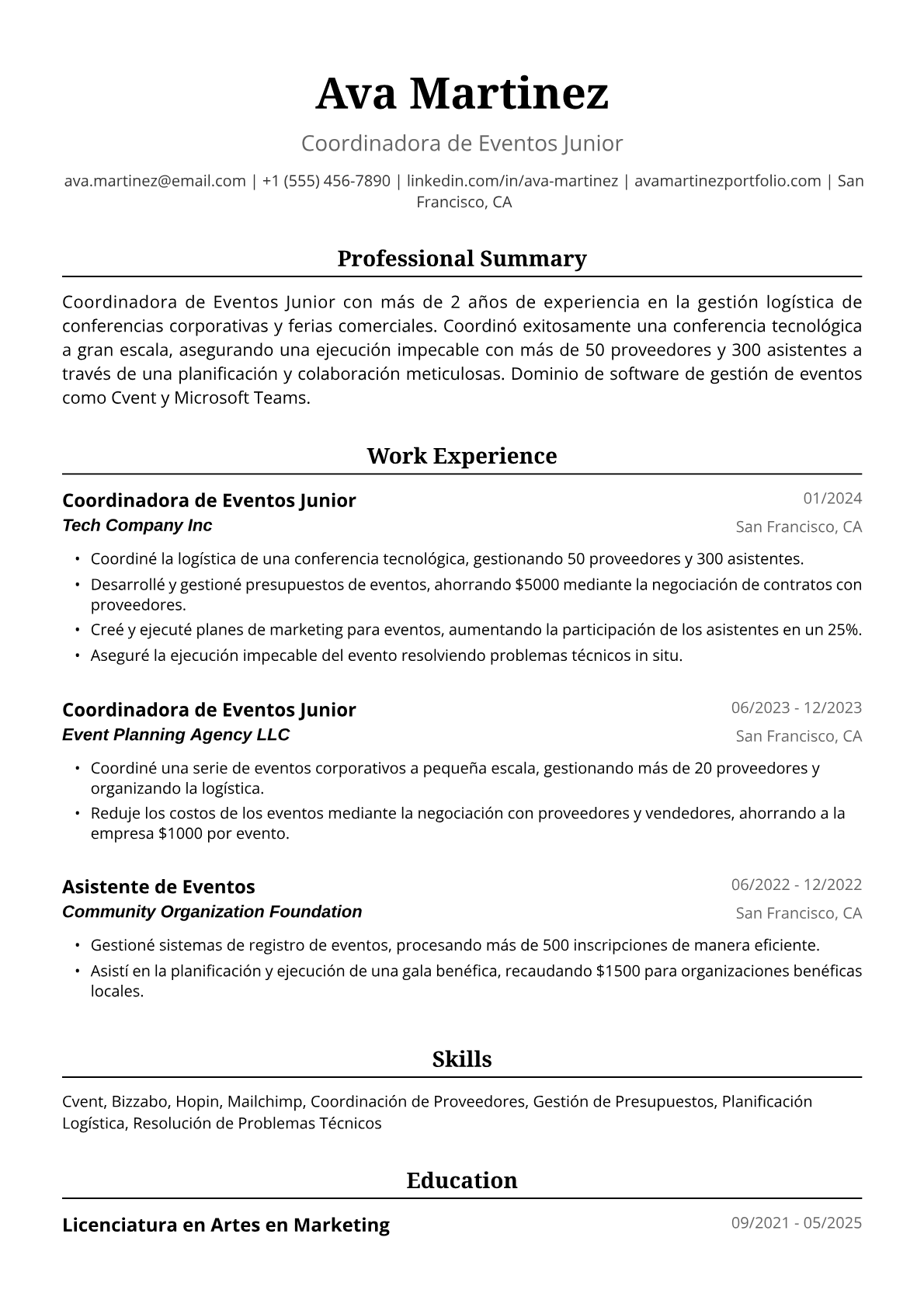 Ejemplo de Currículum Vitae de Coordinadora de Eventos Junior