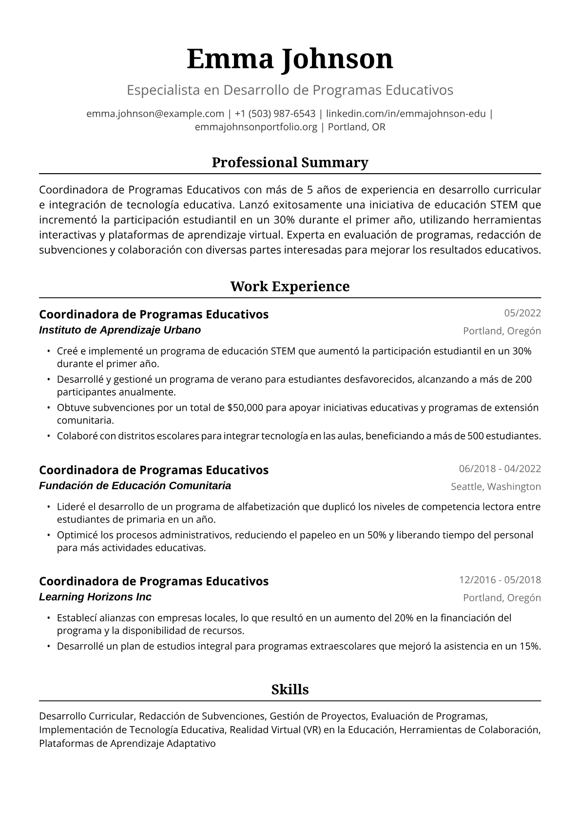 Ejemplo de Currículum de Coordinadora de Programas Educativos