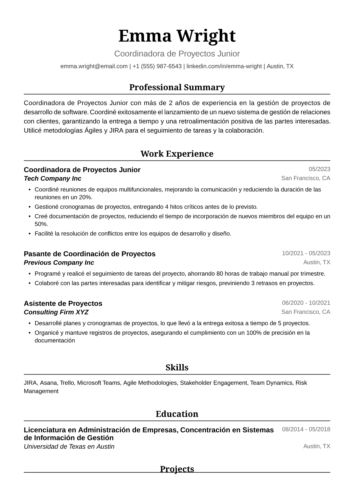 Ejemplo de Currículum para Coordinadora de Proyectos Junior