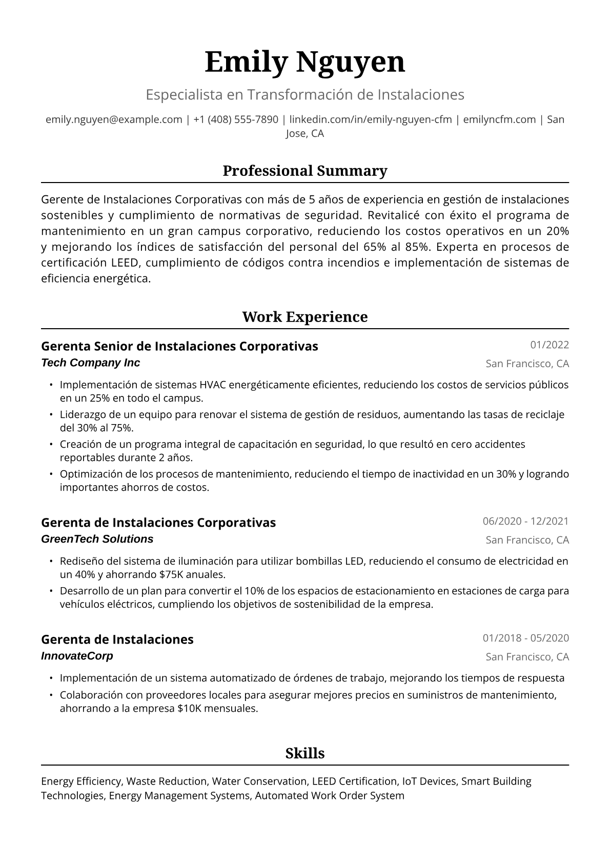 Ejemplo de Currículum para Gerenta de Instalaciones Corporativas
