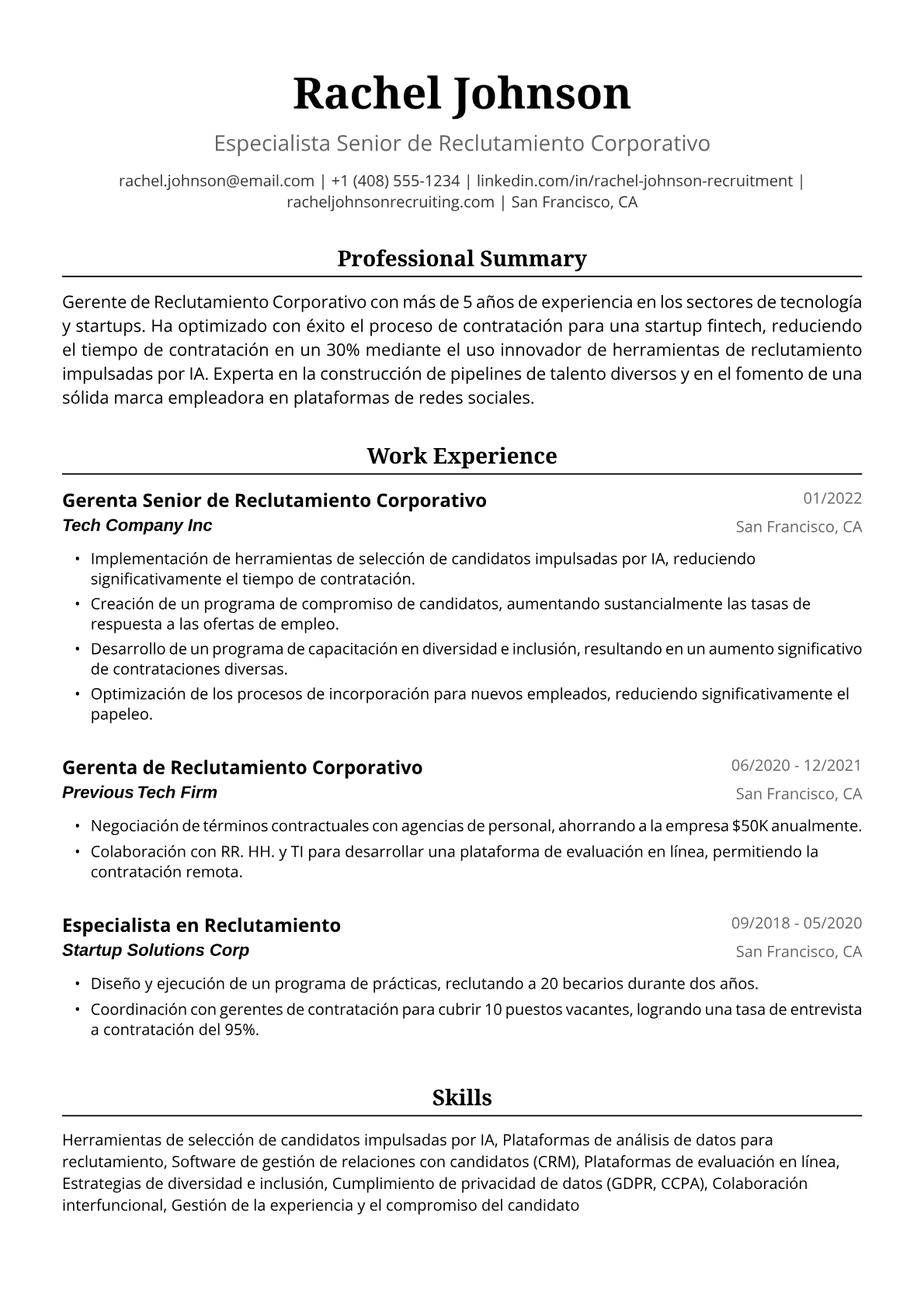 Ejemplo de Currículum para Gerenta de Reclutamiento Corporativo