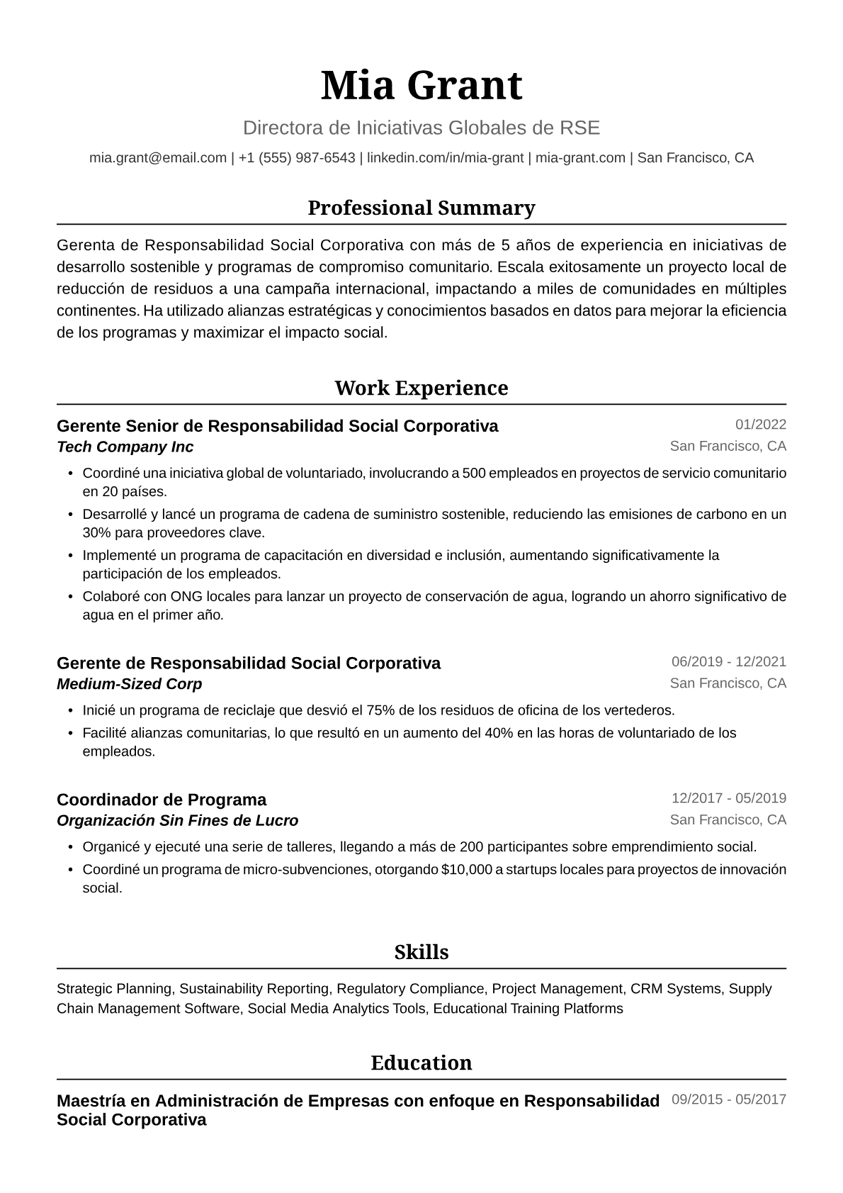 Ejemplo de Currículum para Gerenta de Responsabilidad Social Corporativa