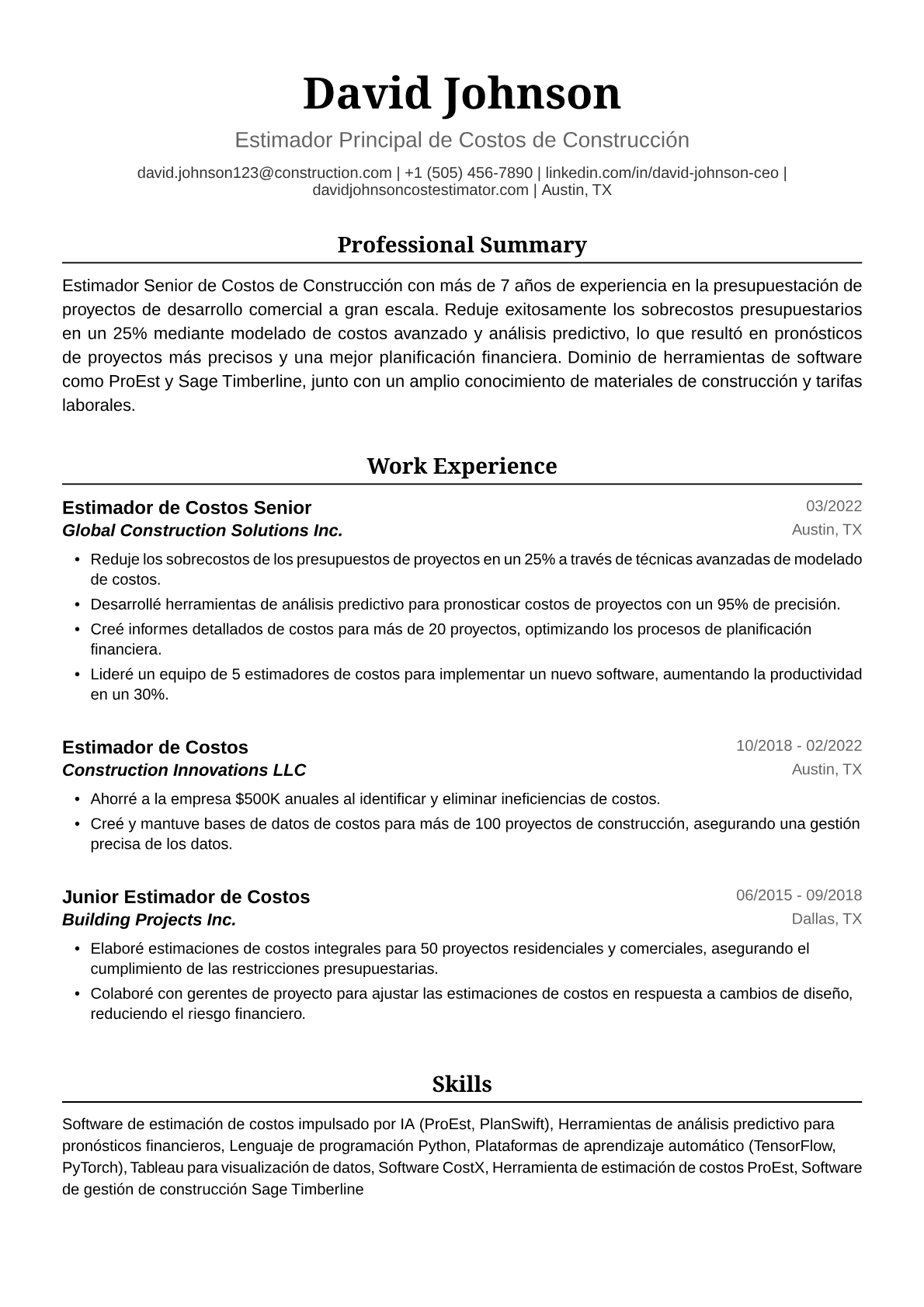 Ejemplo de Currículum de Estimador de Costos