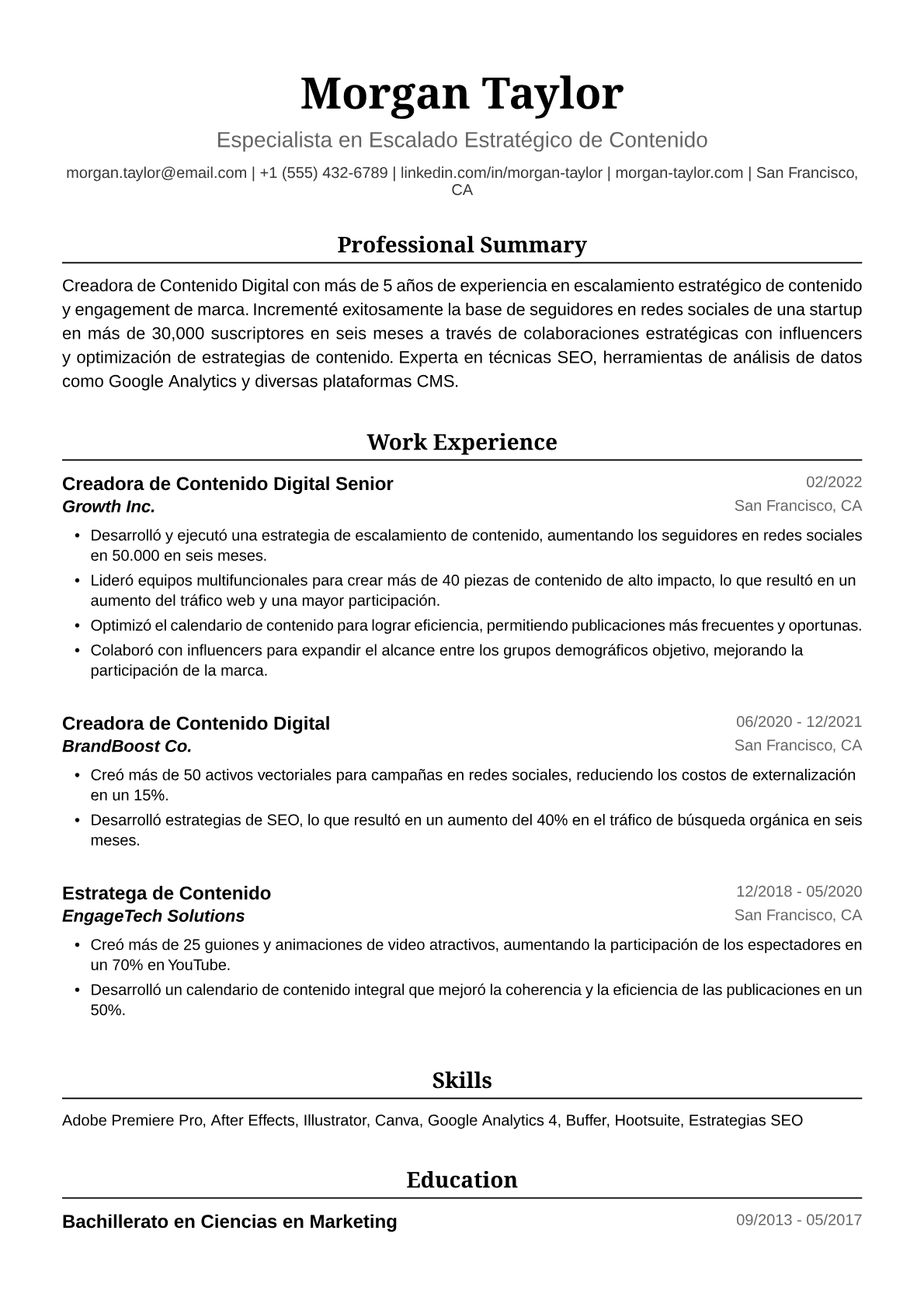 Ejemplo de Currículum de Creadora de Contenido Digital