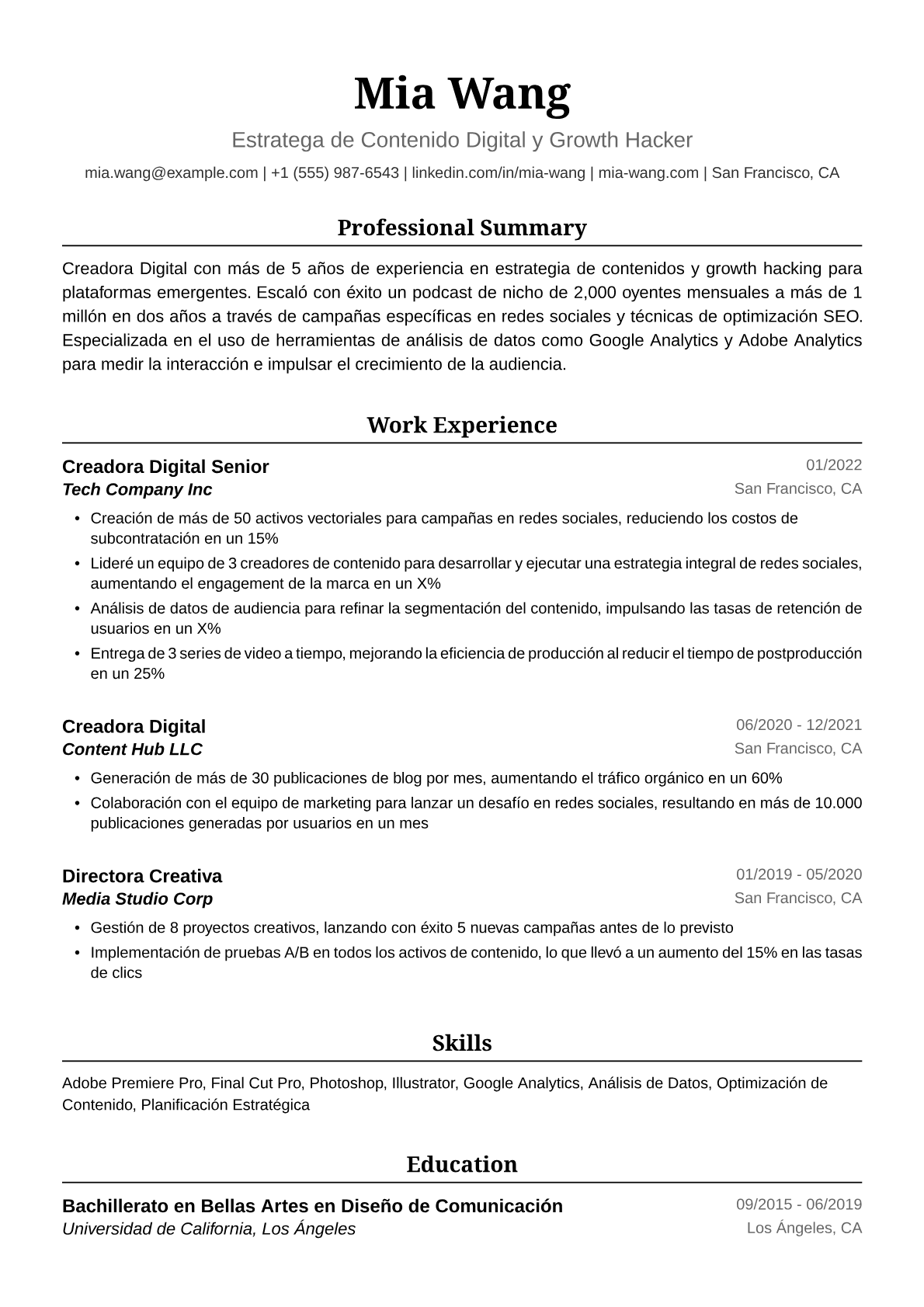 Ejemplo de Currículum de Creadora Digital