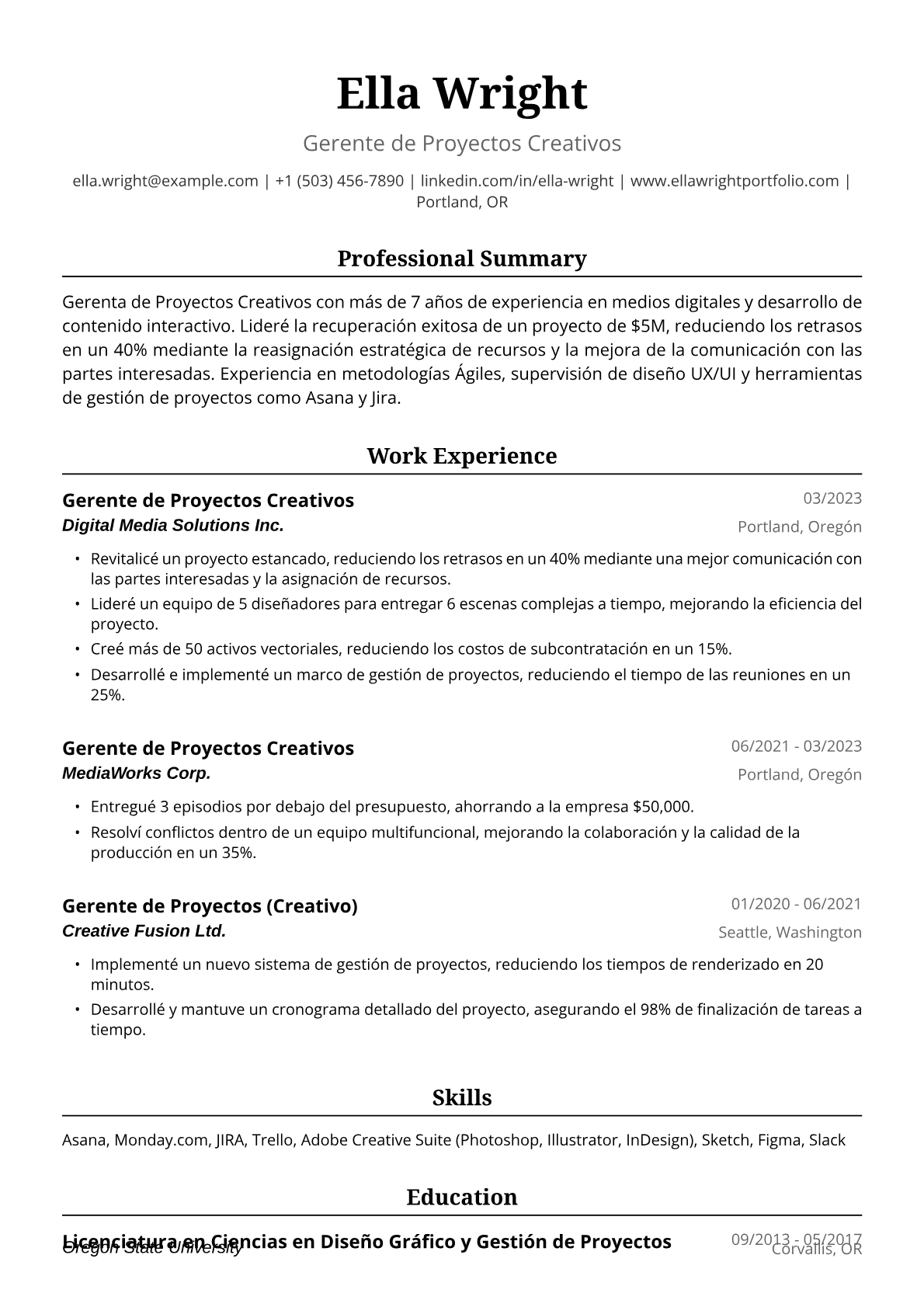 Ejemplo de Currículum de Gerenta de Proyectos Creativos