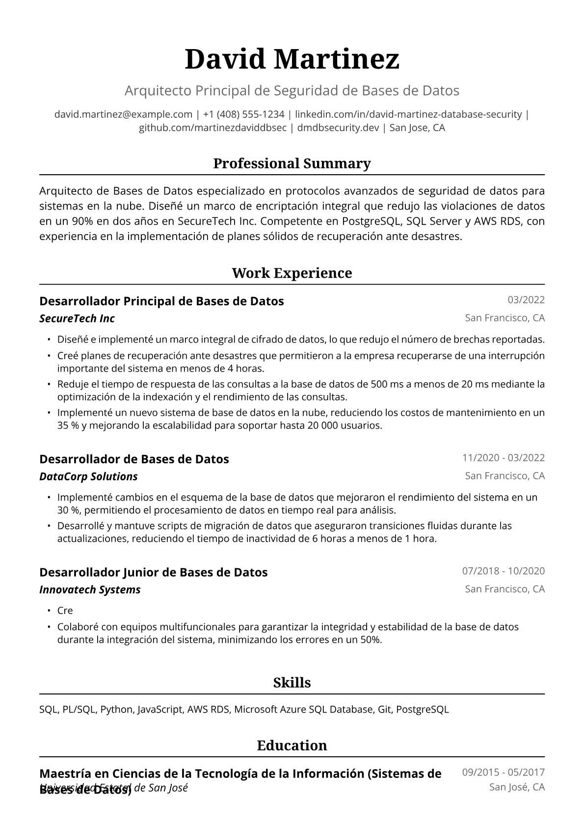 Ejemplo de Currículum de Desarrollador de Bases de Datos