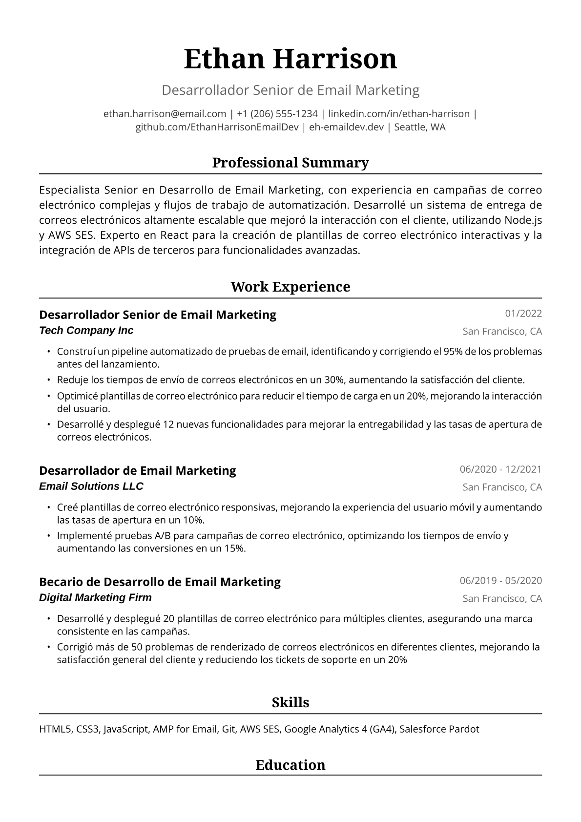 Ejemplo de Currículum de Desarrollador de Email Marketing