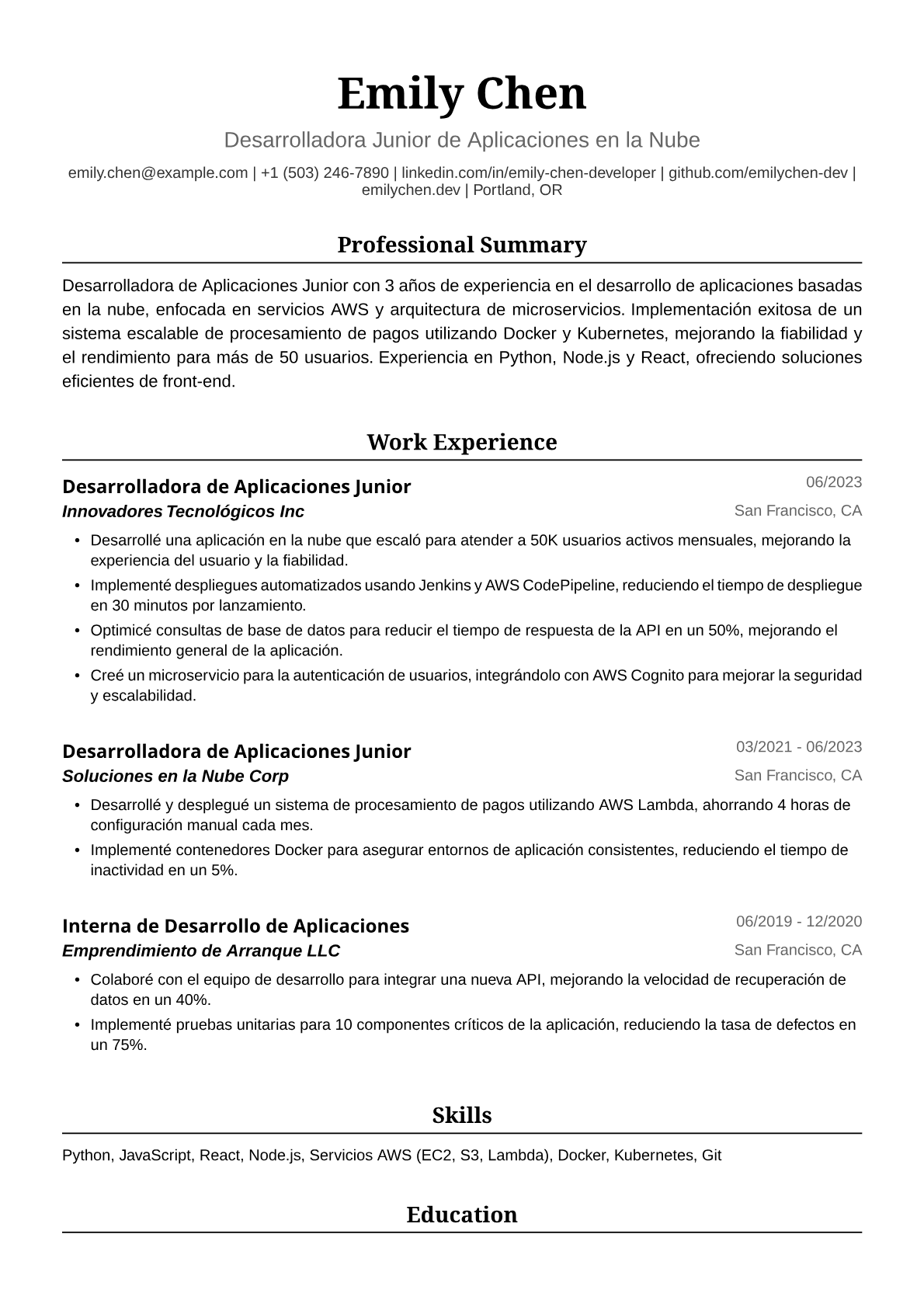 Ejemplo de Currículum para Desarrolladora de Aplicaciones Junior