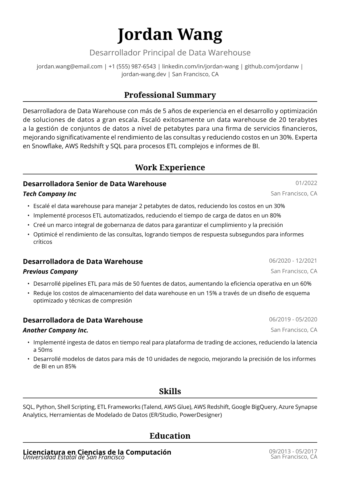 Ejemplo de Currículum para Desarrolladora de Data Warehouse