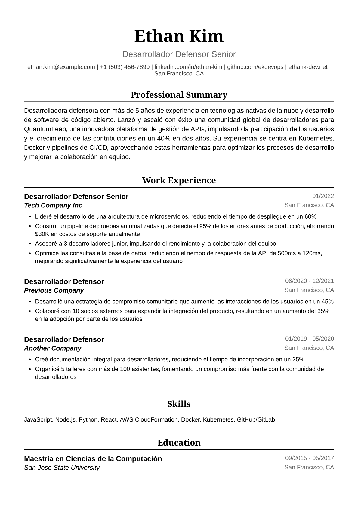 Ejemplo de Currículum de Desarrolladora Defensora
