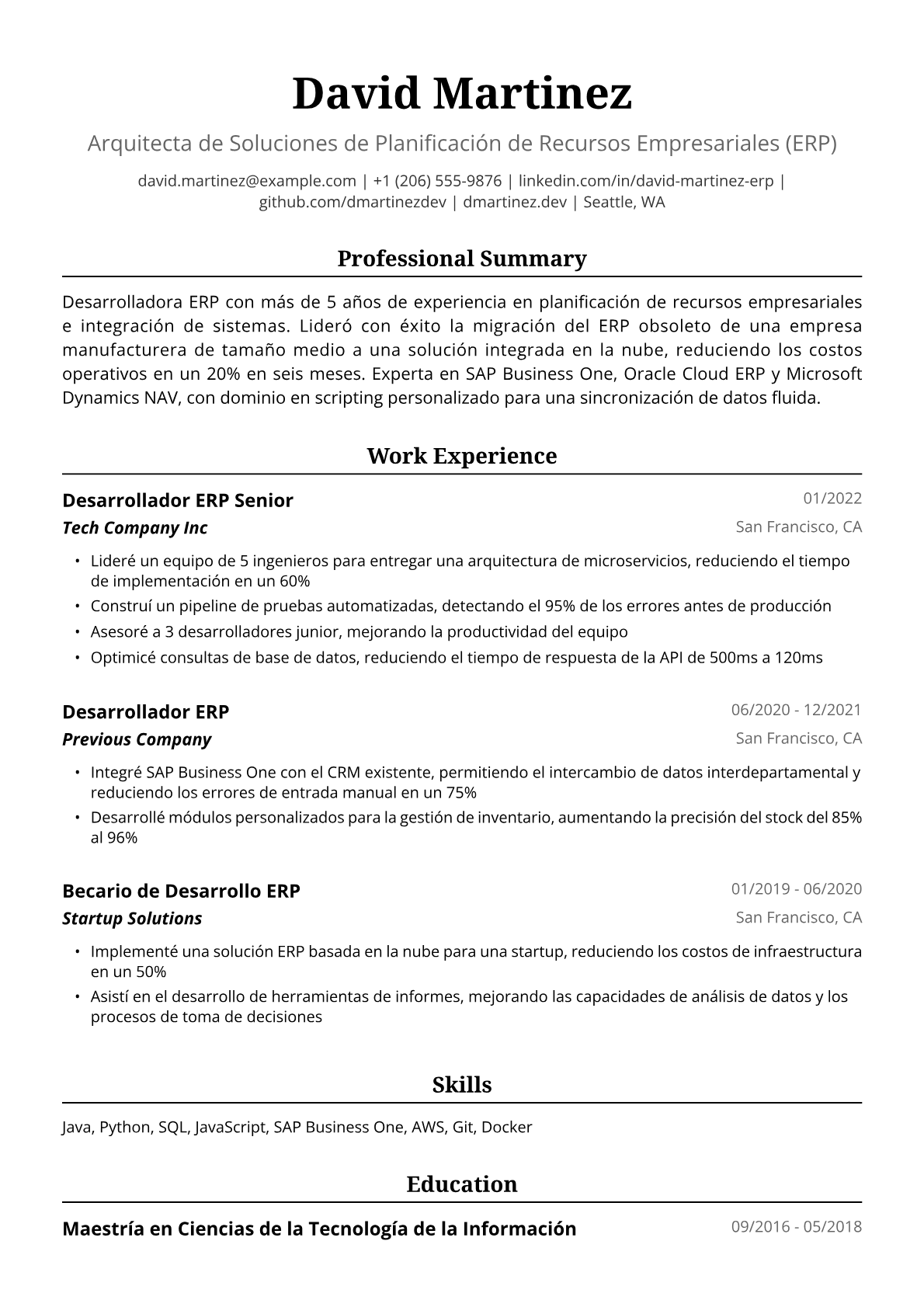 Ejemplo de Currículum de Desarrolladora ERP