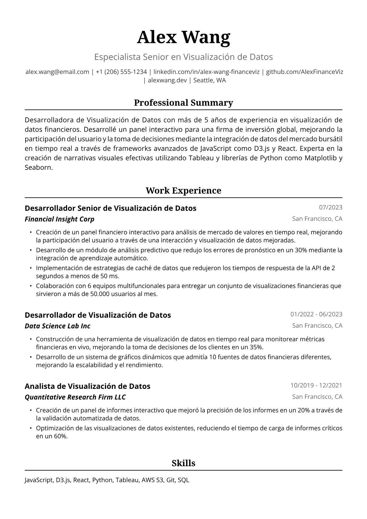 Ejemplo de Currículum de Desarrolladora de Visualización de Datos